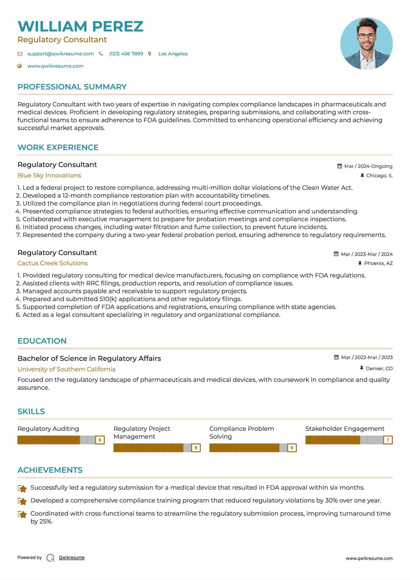Regulatory Consultant Resume Sample
