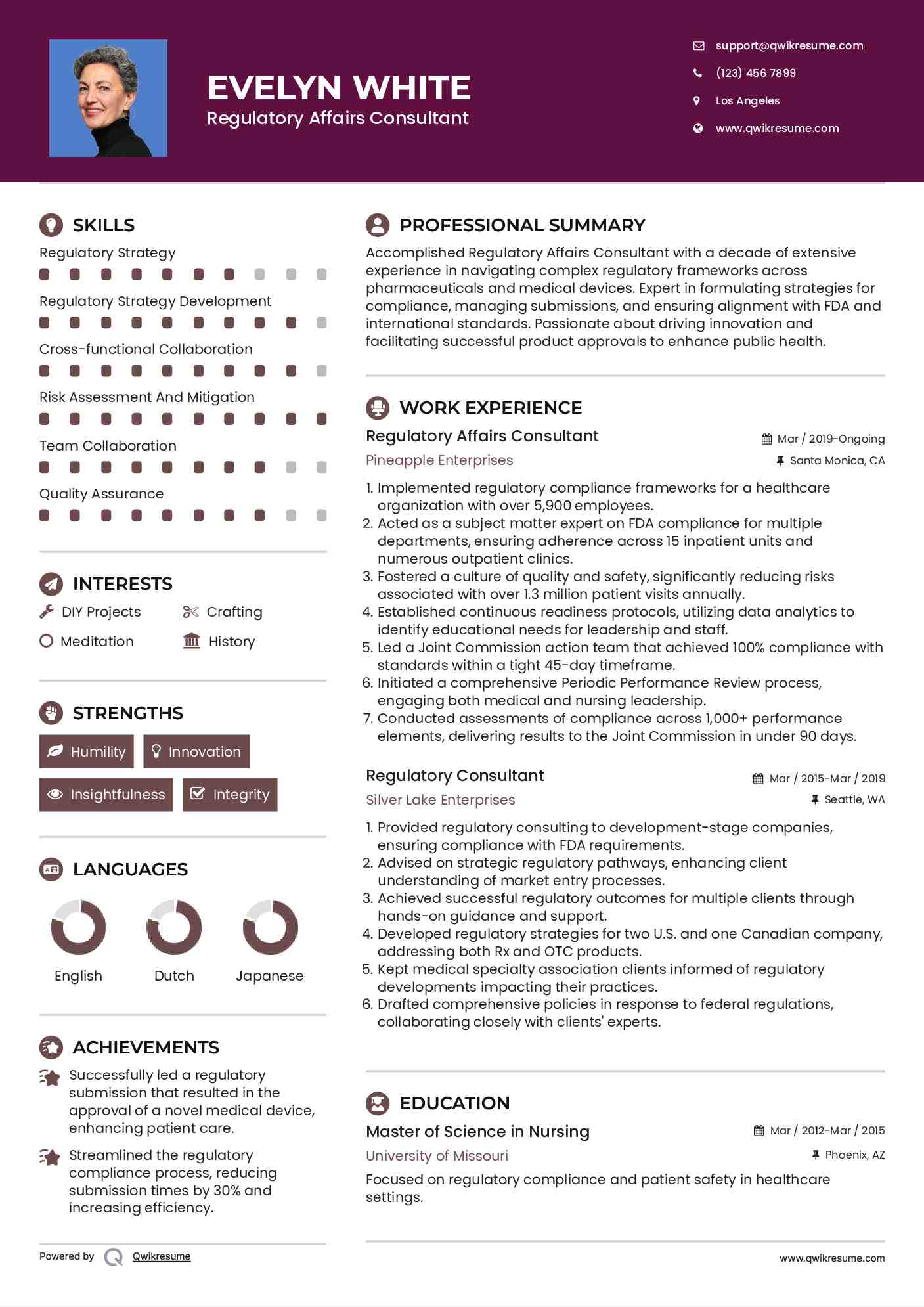 Regulatory Affairs Consultant Resume Sample