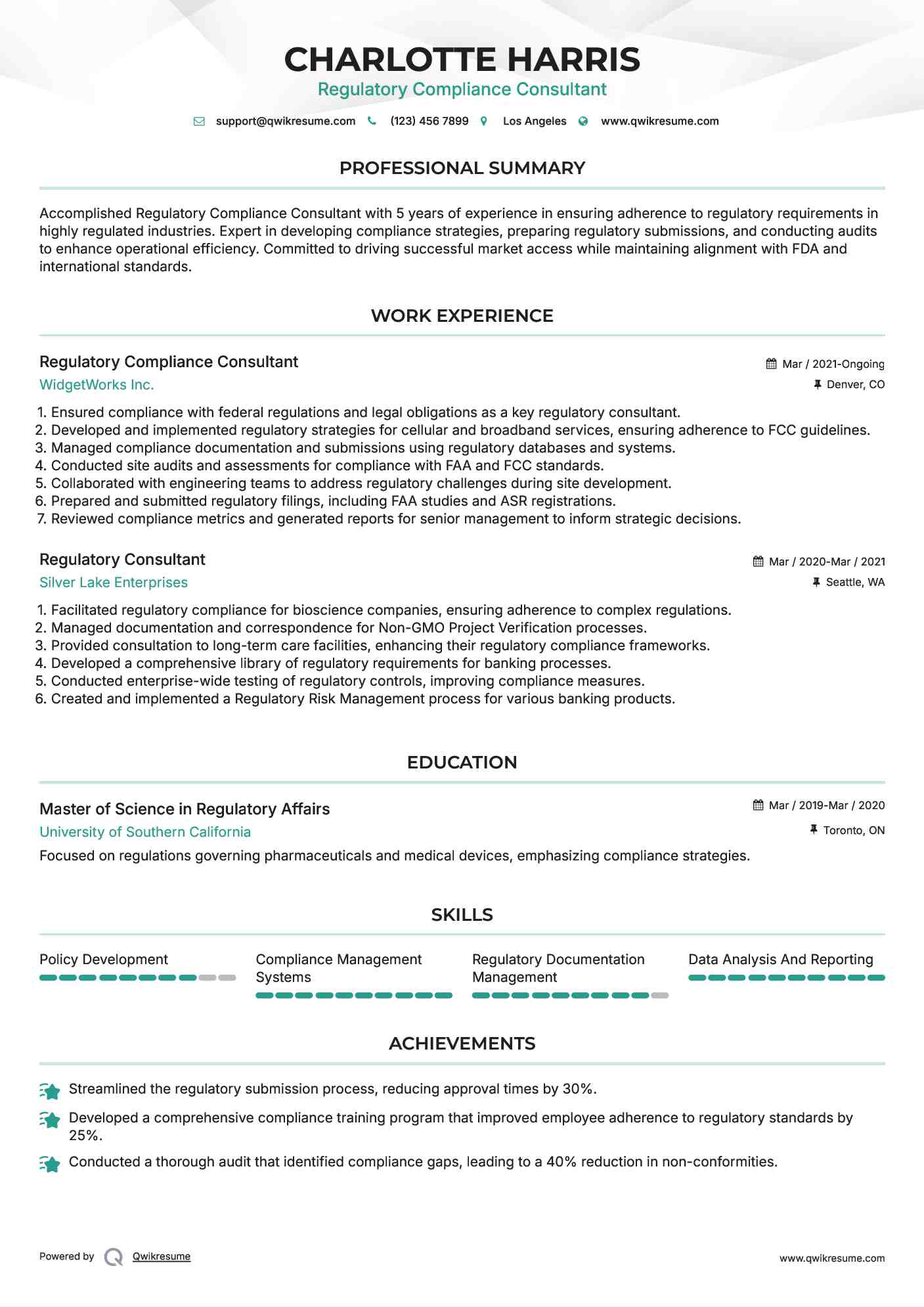 Regulatory Compliance Consultant Resume Model