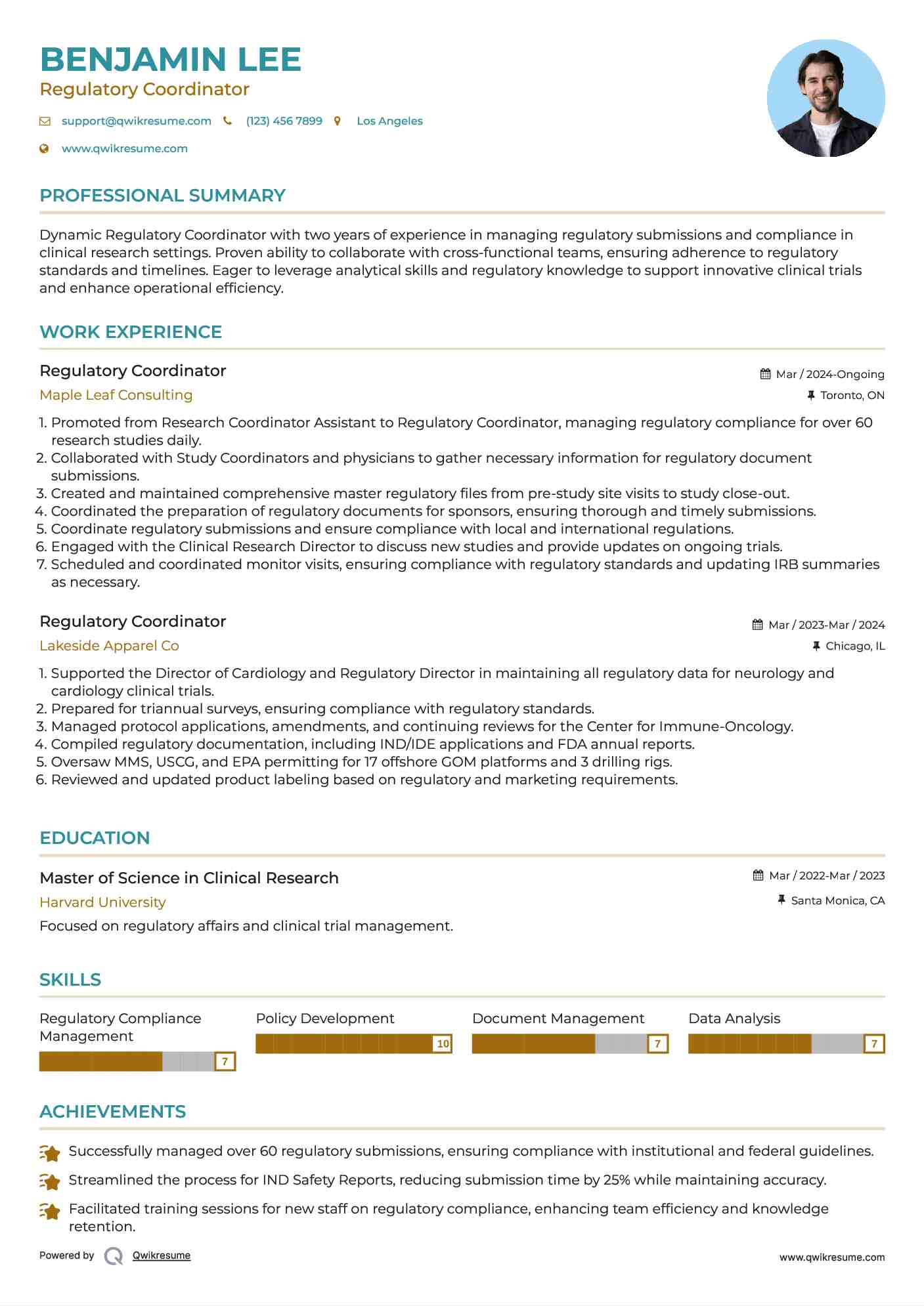 Regulatory Coordinator Resume Format