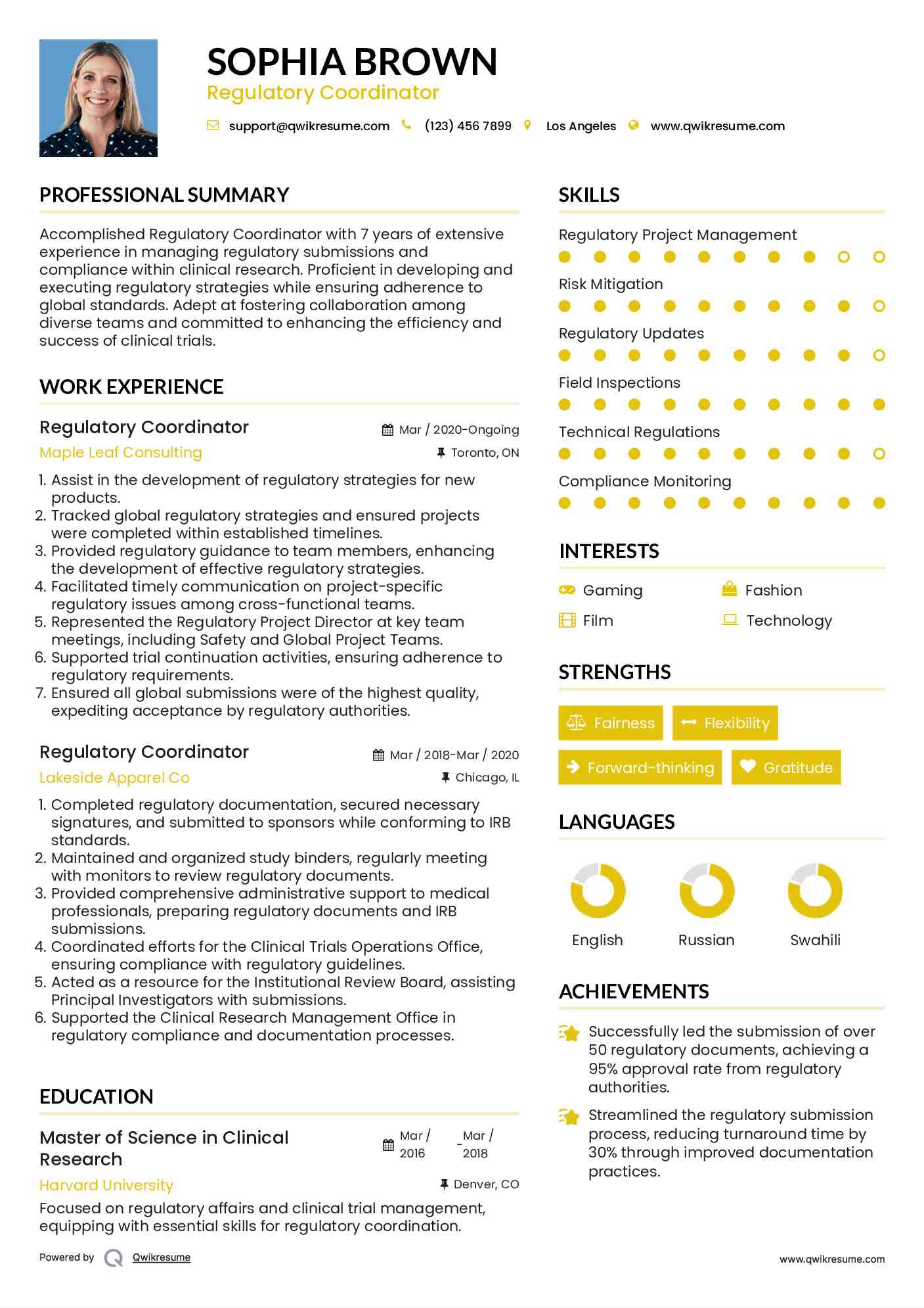 Regulatory Coordinator Resume Example