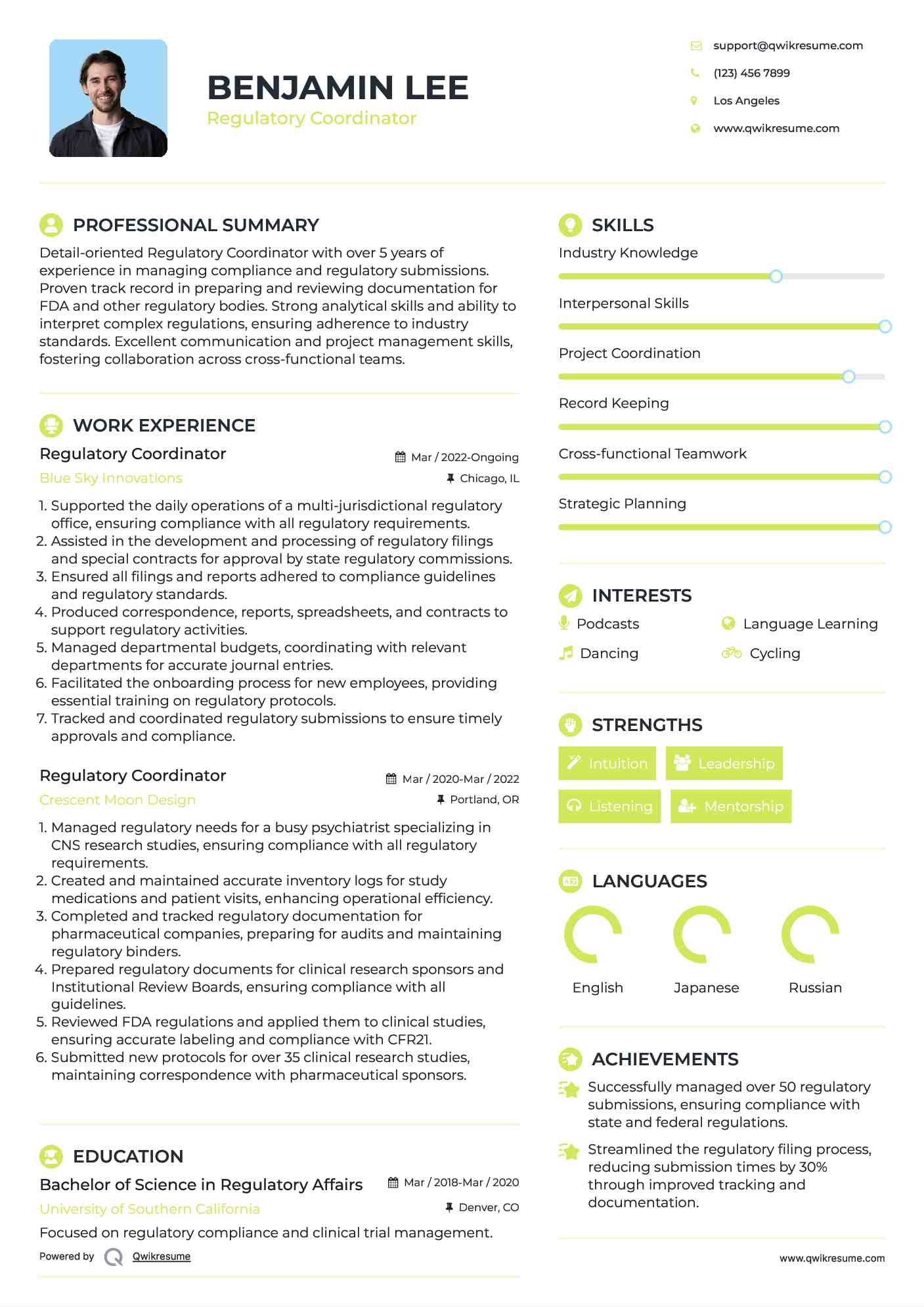 Regulatory Coordinator Resume Sample