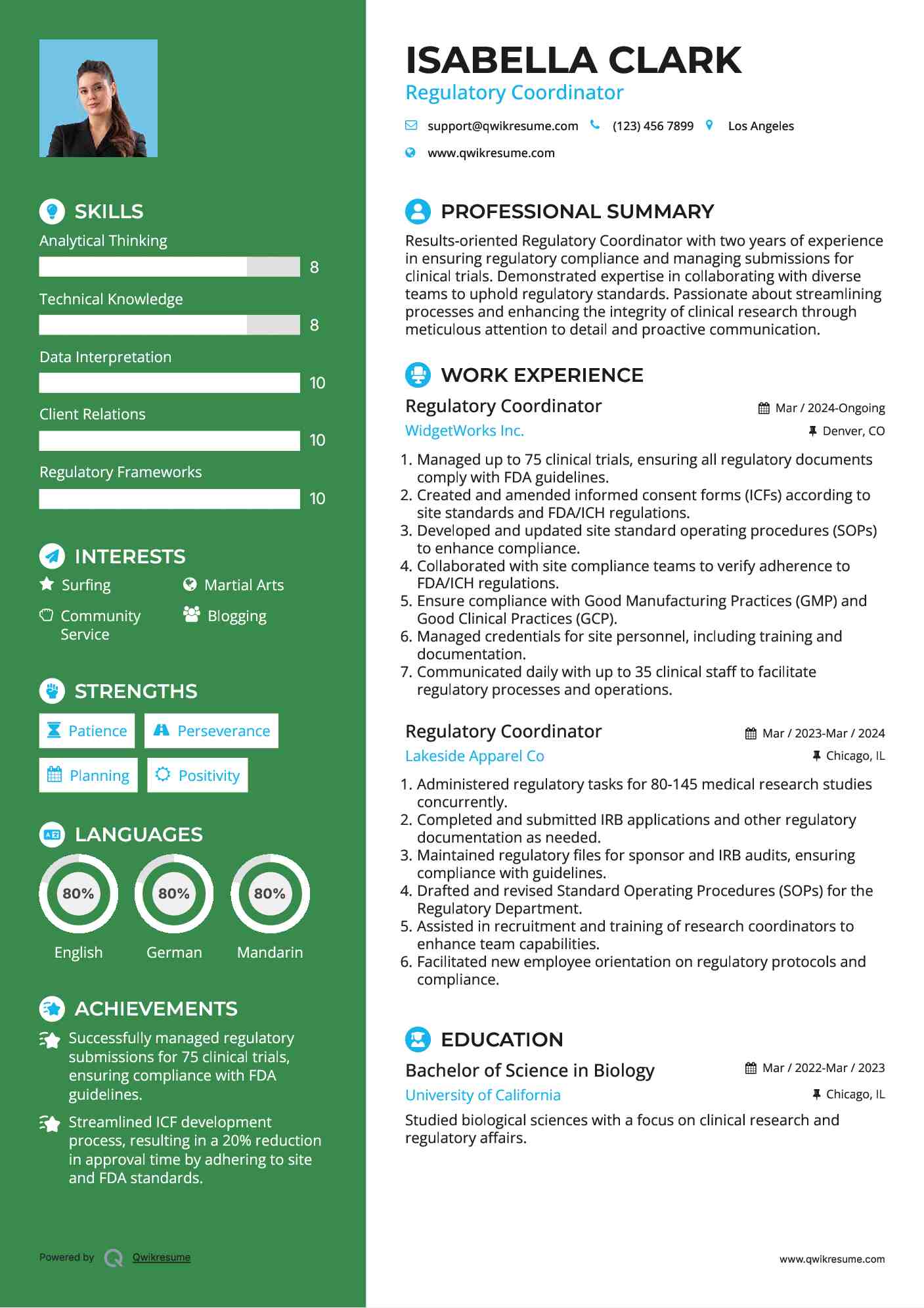 Regulatory Coordinator Resume Sample