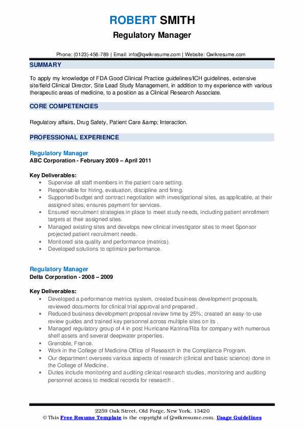 Regulatory Manager Resume Samples QwikResume