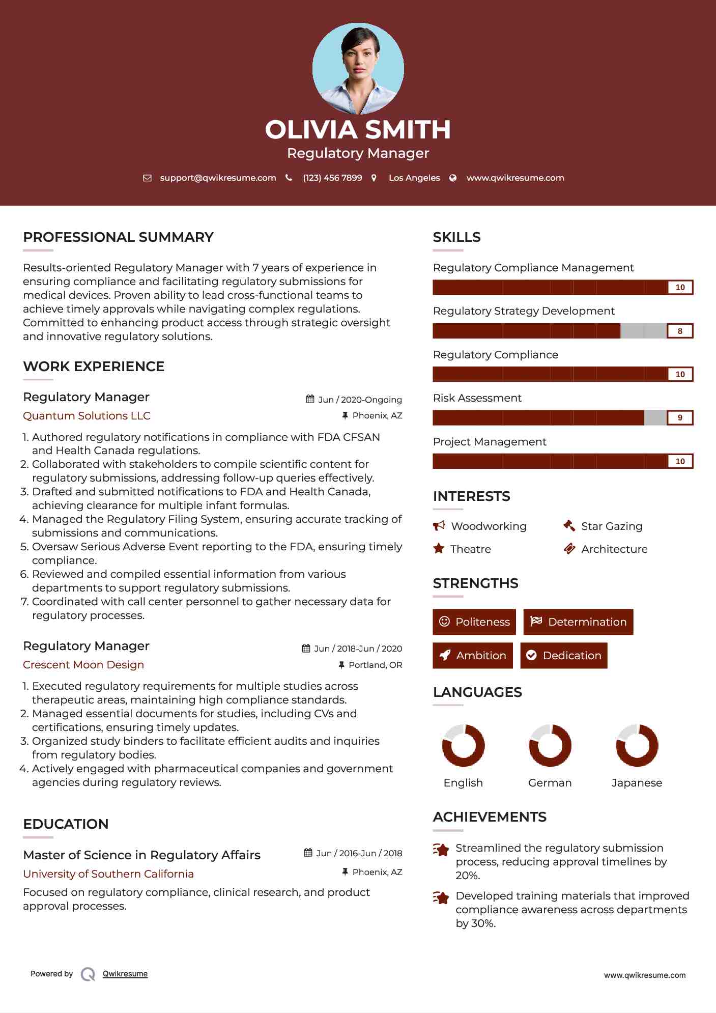 Regulatory Manager Resume Model