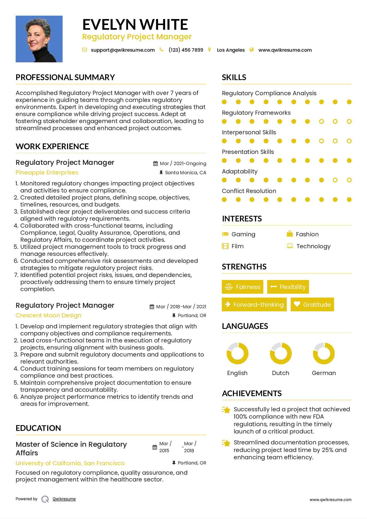 Regulatory Project Manager Resume Example