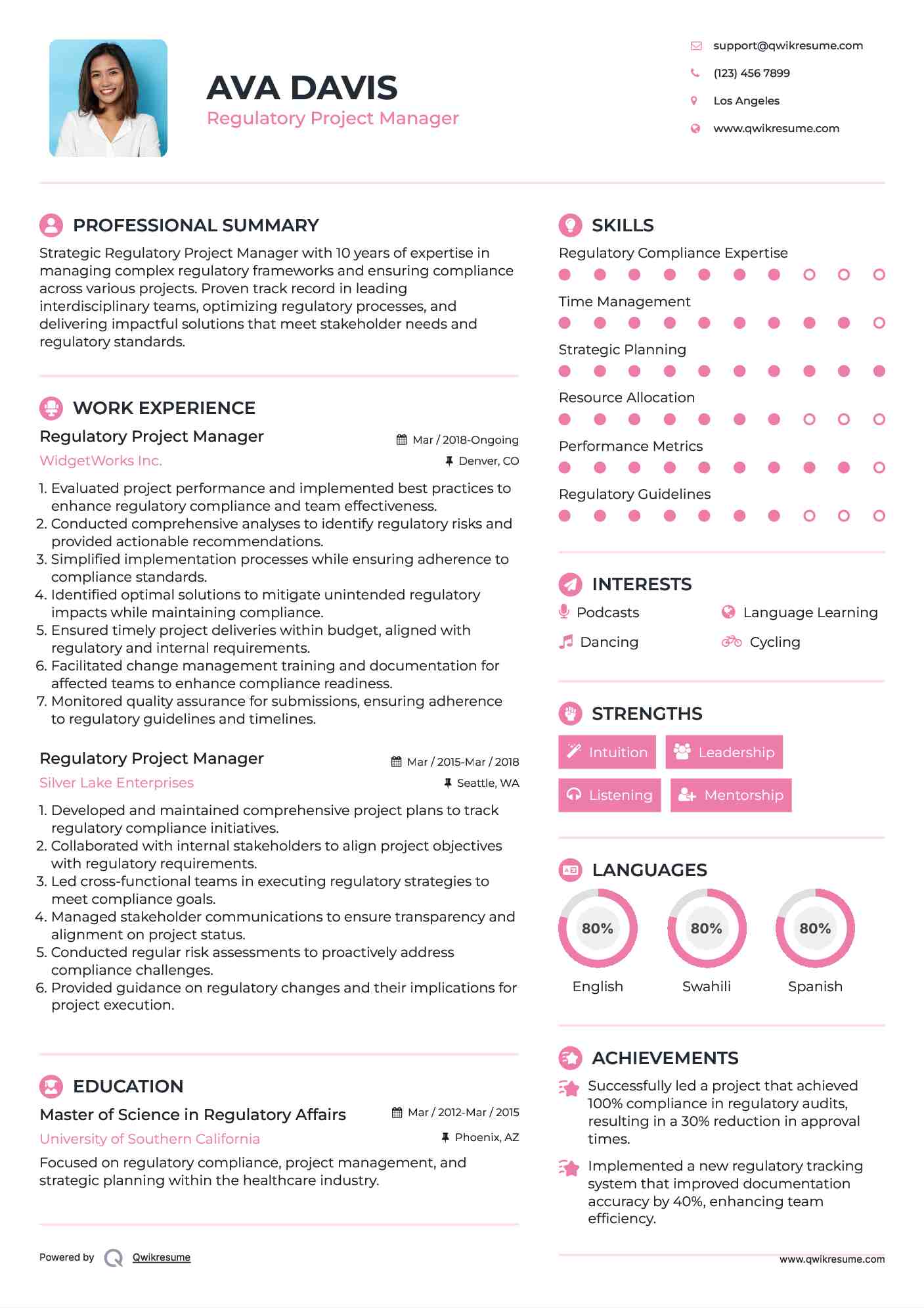 Regulatory Project Manager Resume Template