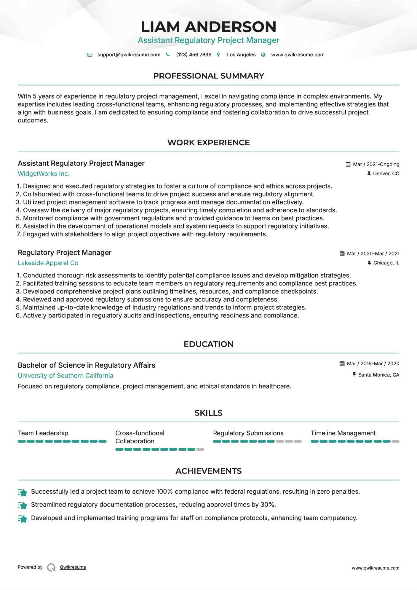 Assistant Regulatory Project Manager Resume Format