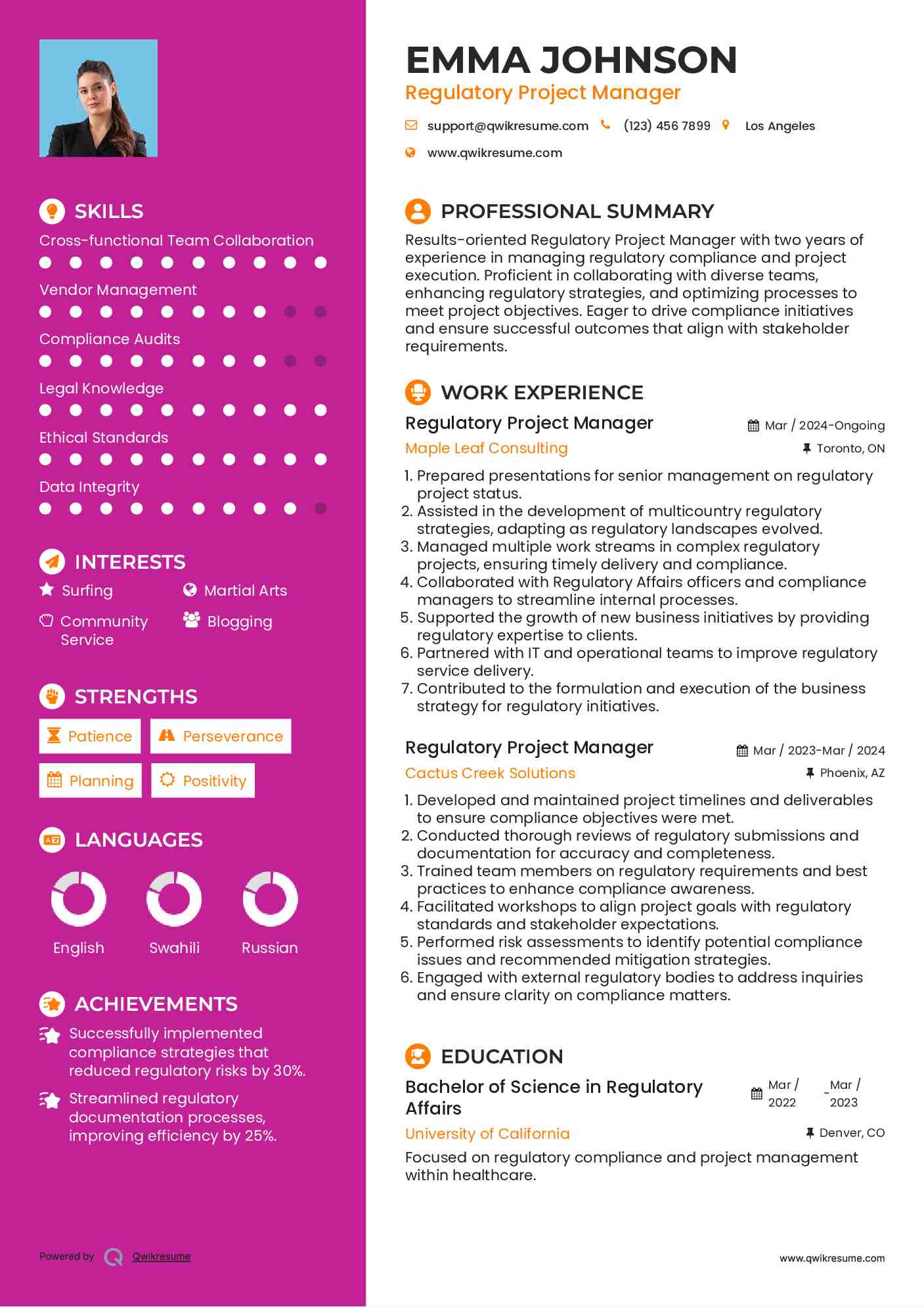 Regulatory Project Manager Resume Format