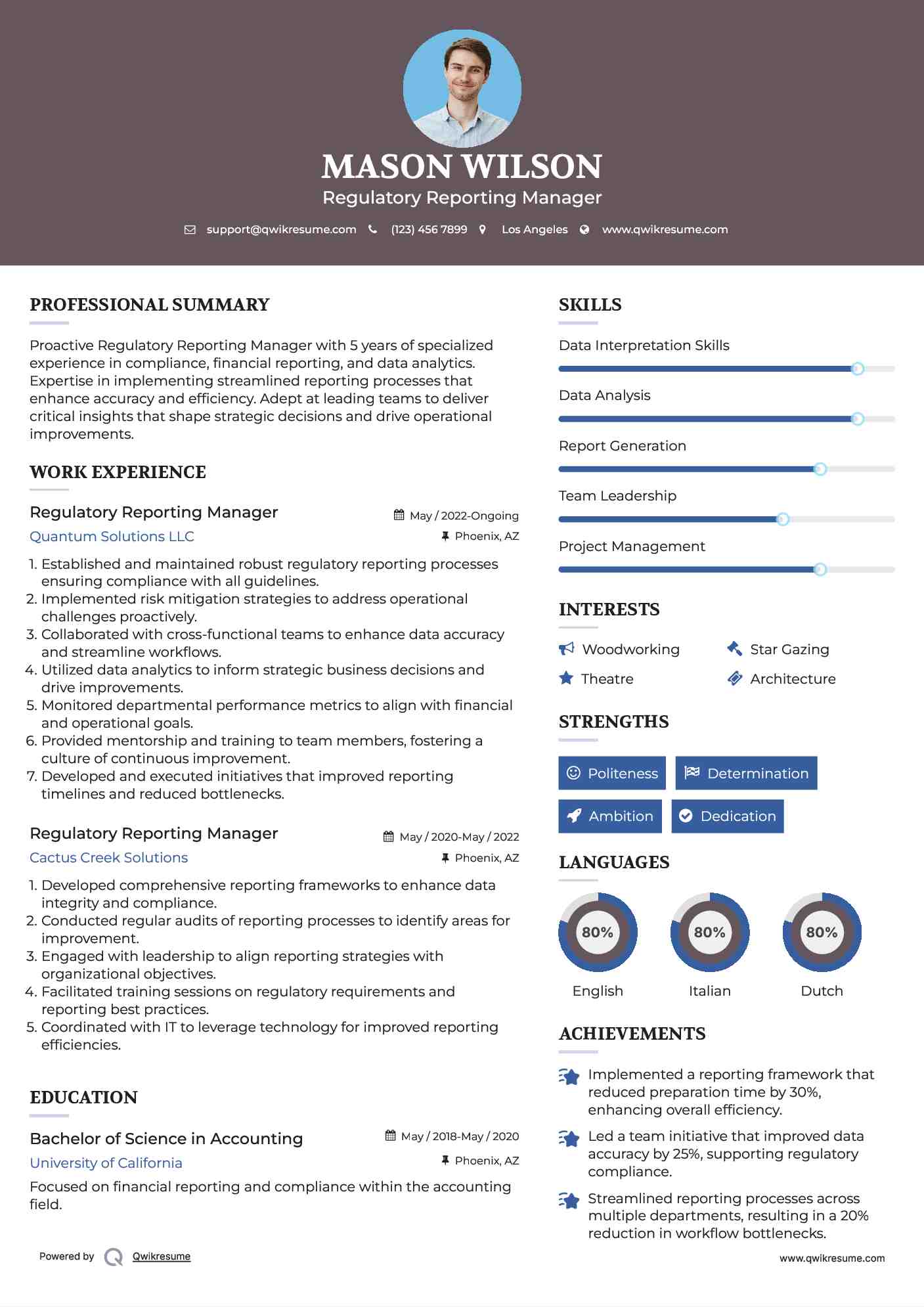 Regulatory Reporting Manager Resume Format