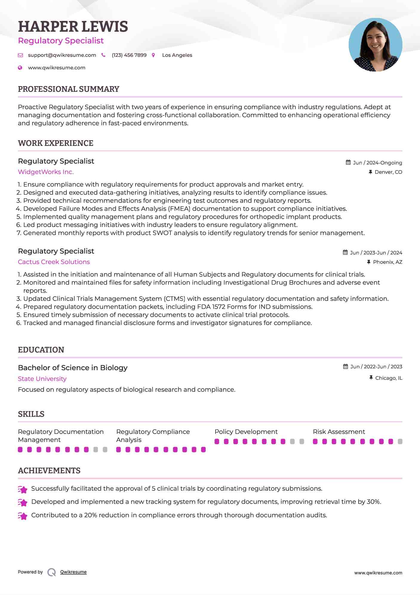 Regulatory Specialist Resume Sample