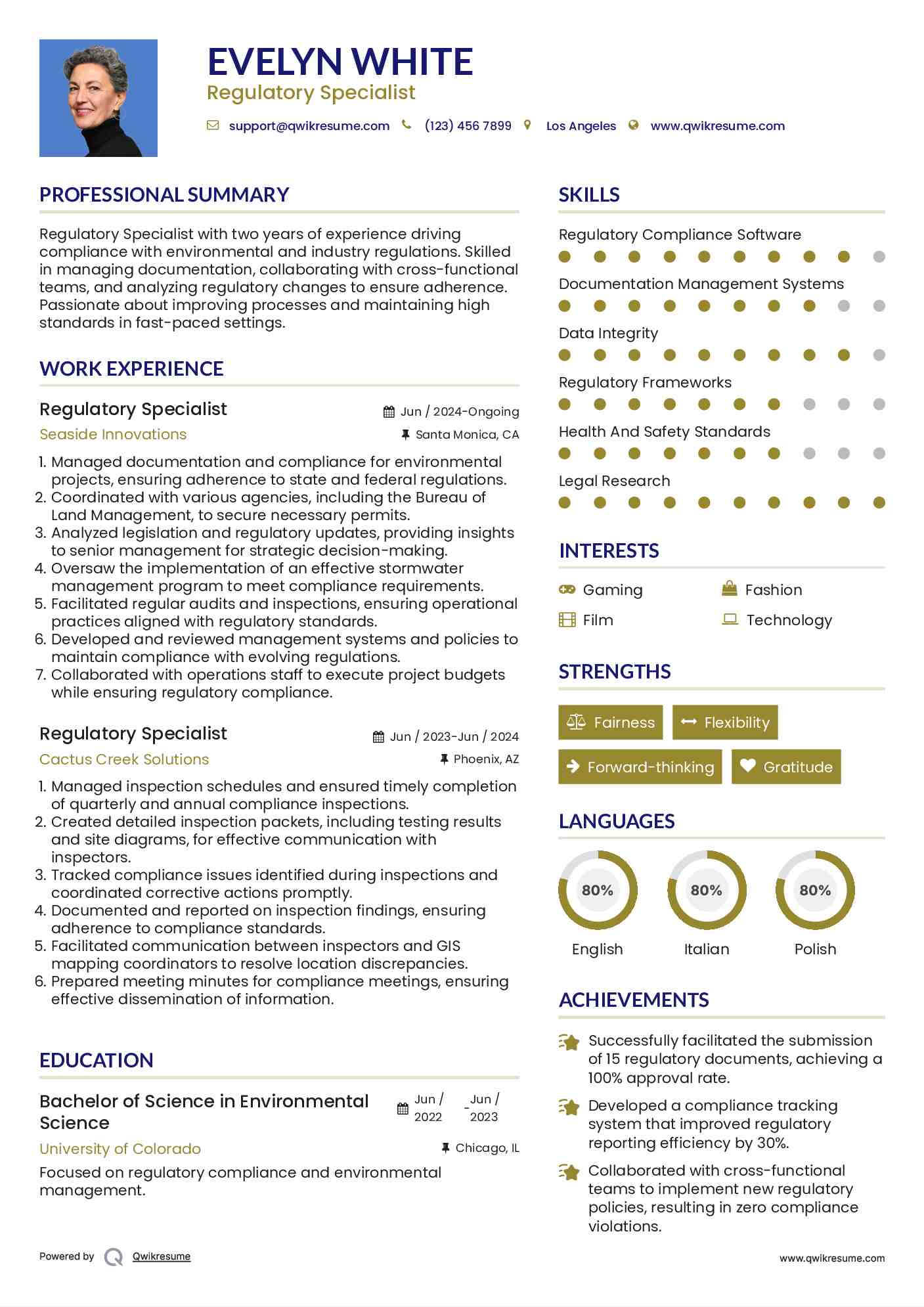 Regulatory Specialist Resume Model
