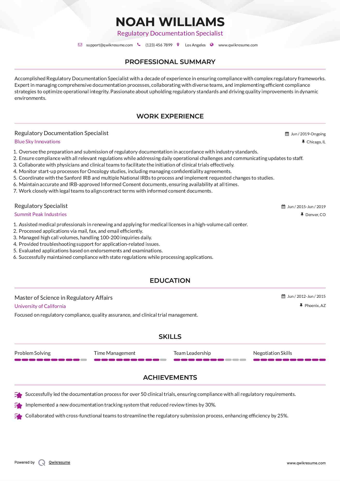 Regulatory Documentation Specialist Resume Example