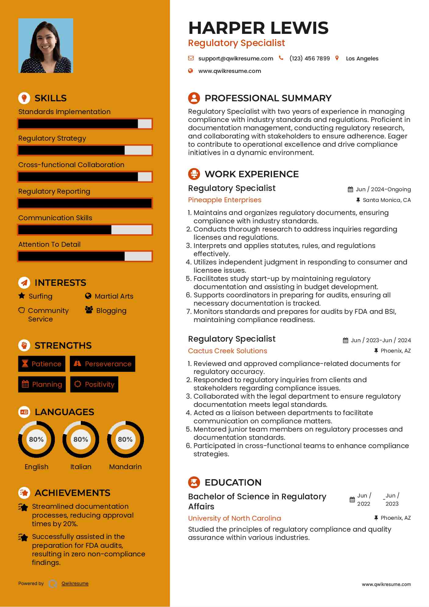 Regulatory Specialist Resume Example