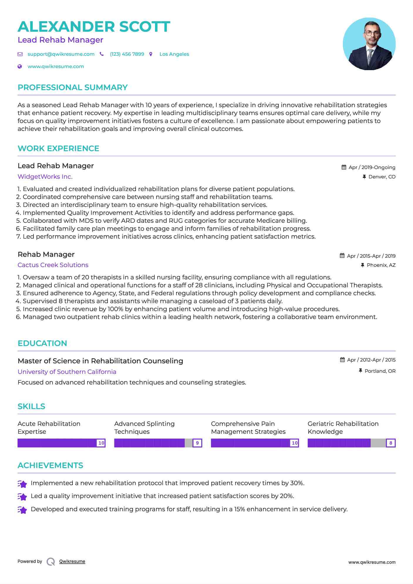 Lead Rehab Manager Resume Example