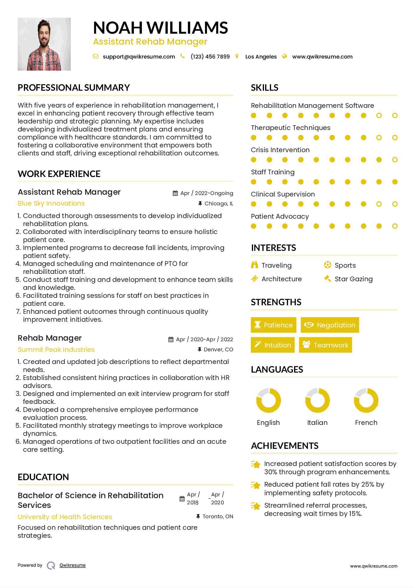 Assistant Rehab Manager Resume Sample