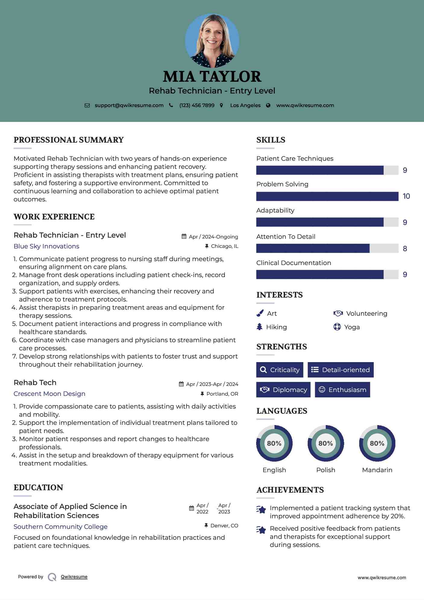 Rehab Technician - Entry Level Resume Example