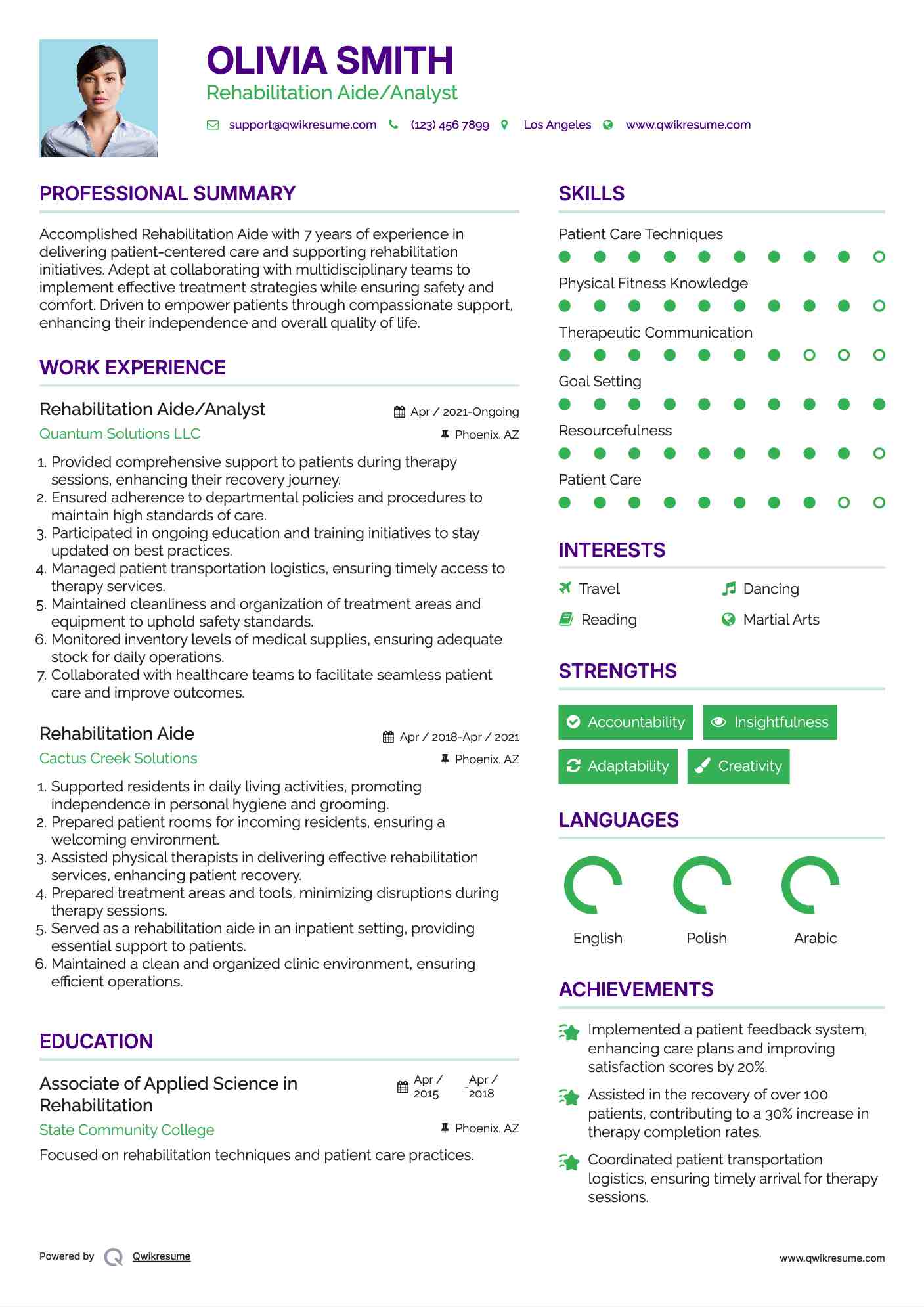 Rehabilitation Aide/Analyst Resume Example