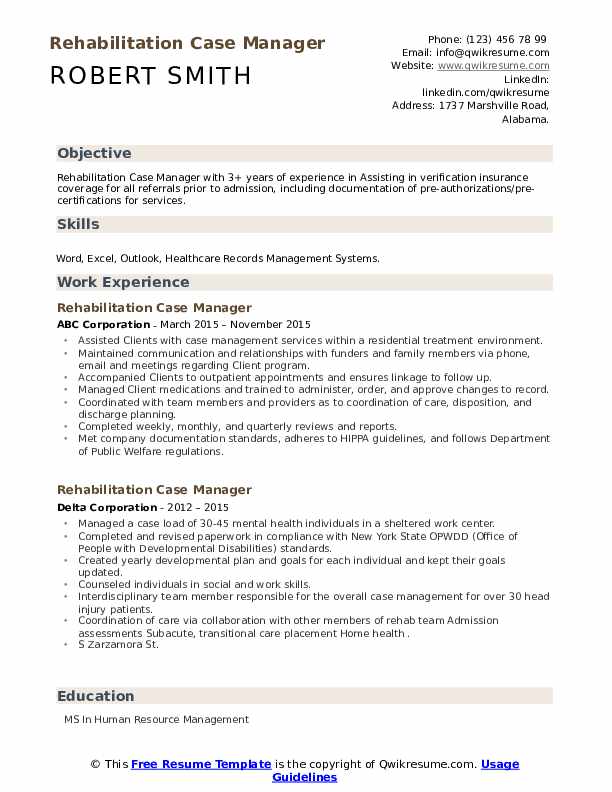 Rehabilitation Case Manager Resume Samples QwikResume