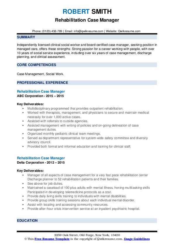 Rehabilitation Case Manager Resume Samples QwikResume