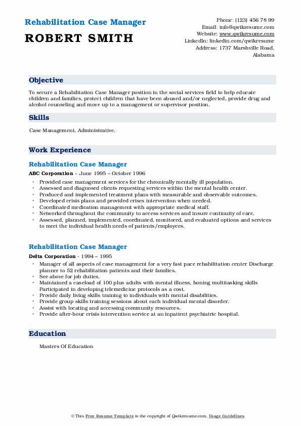 Rehabilitation Case Manager Resume Samples QwikResume