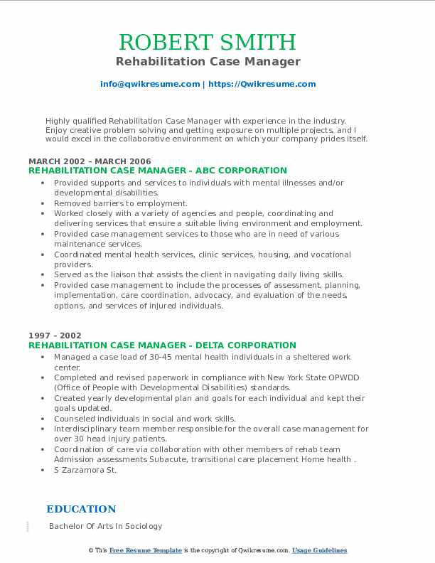 Rehabilitation Case Manager Resume Samples QwikResume