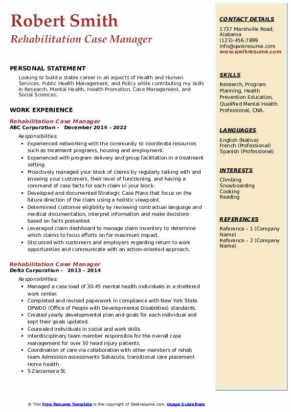 Rehabilitation Case Manager Resume Samples QwikResume