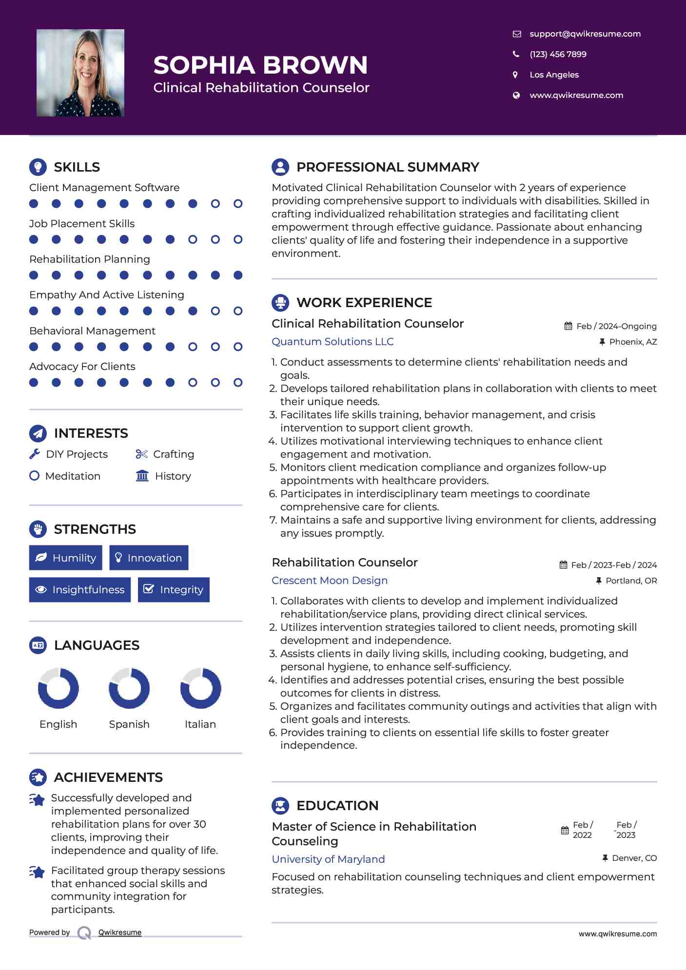 Clinical Rehabilitation Counselor Resume Example