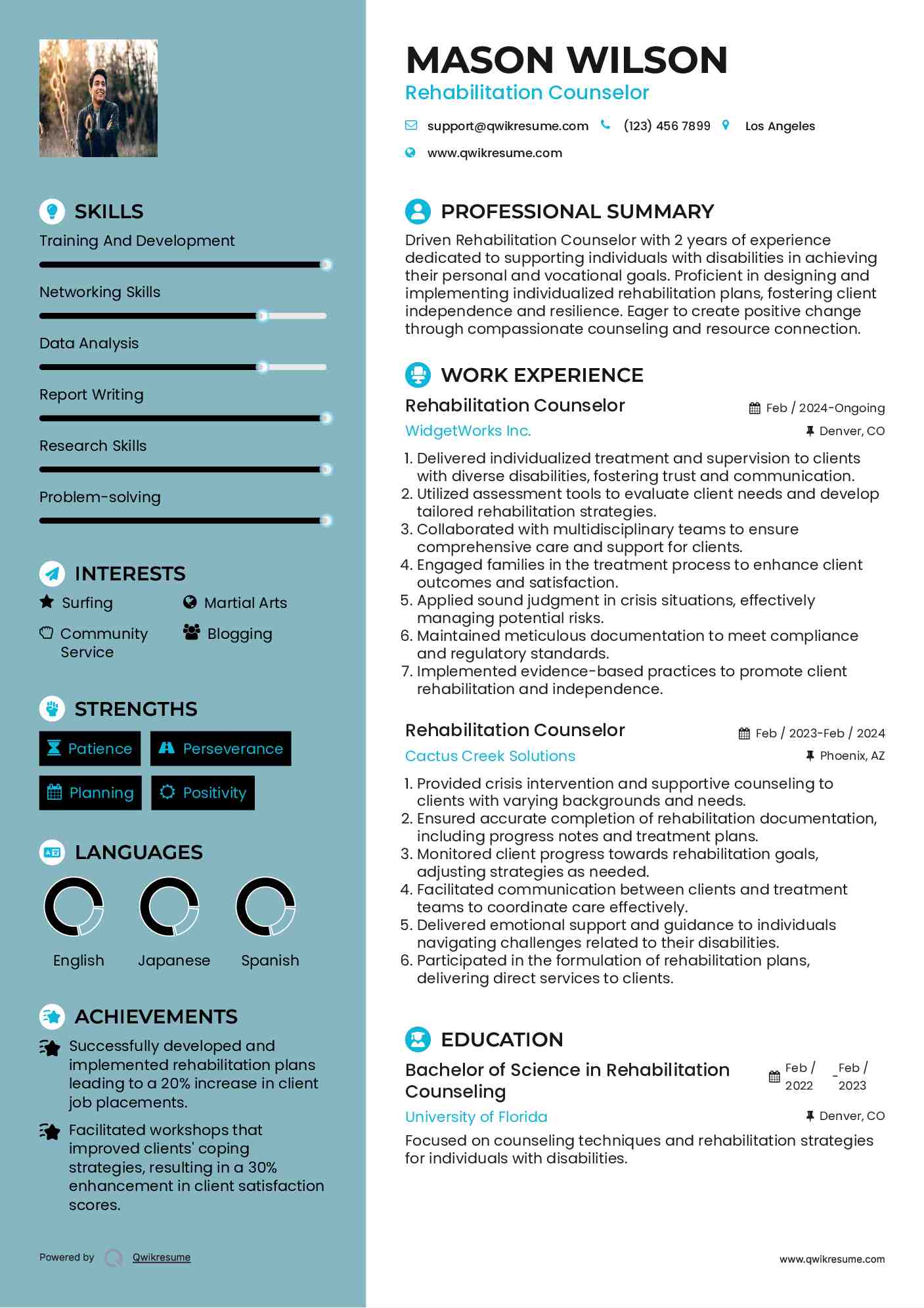 Rehabilitation Counselor Resume Example