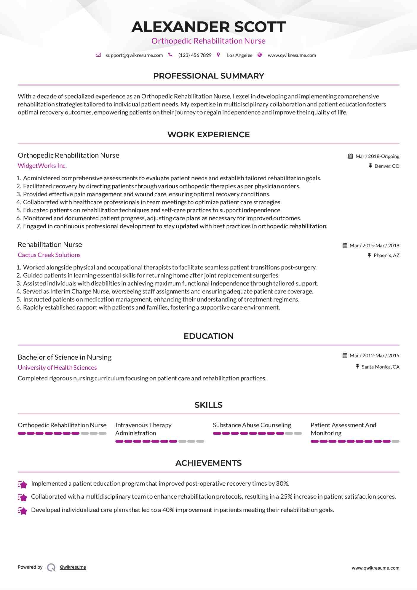 Orthopedic Rehabilitation Nurse Resume Example