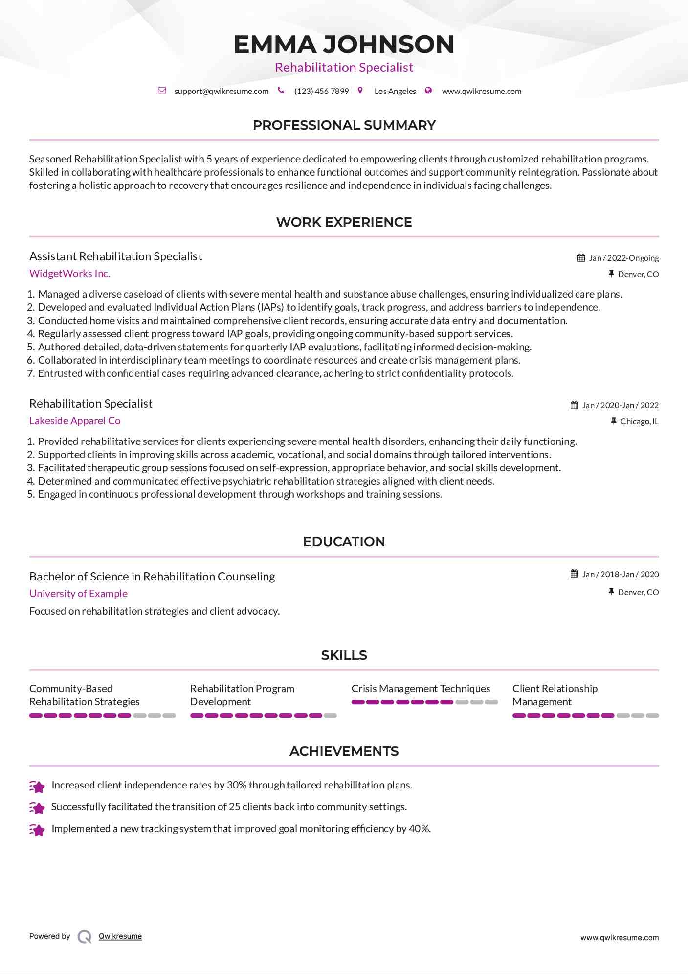 Assistant Rehabilitation Specialist Resume Model