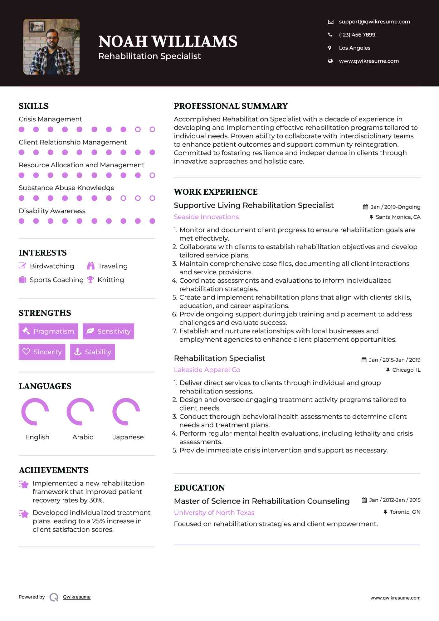 Supportive Living Rehabilitation Specialist Resume Example