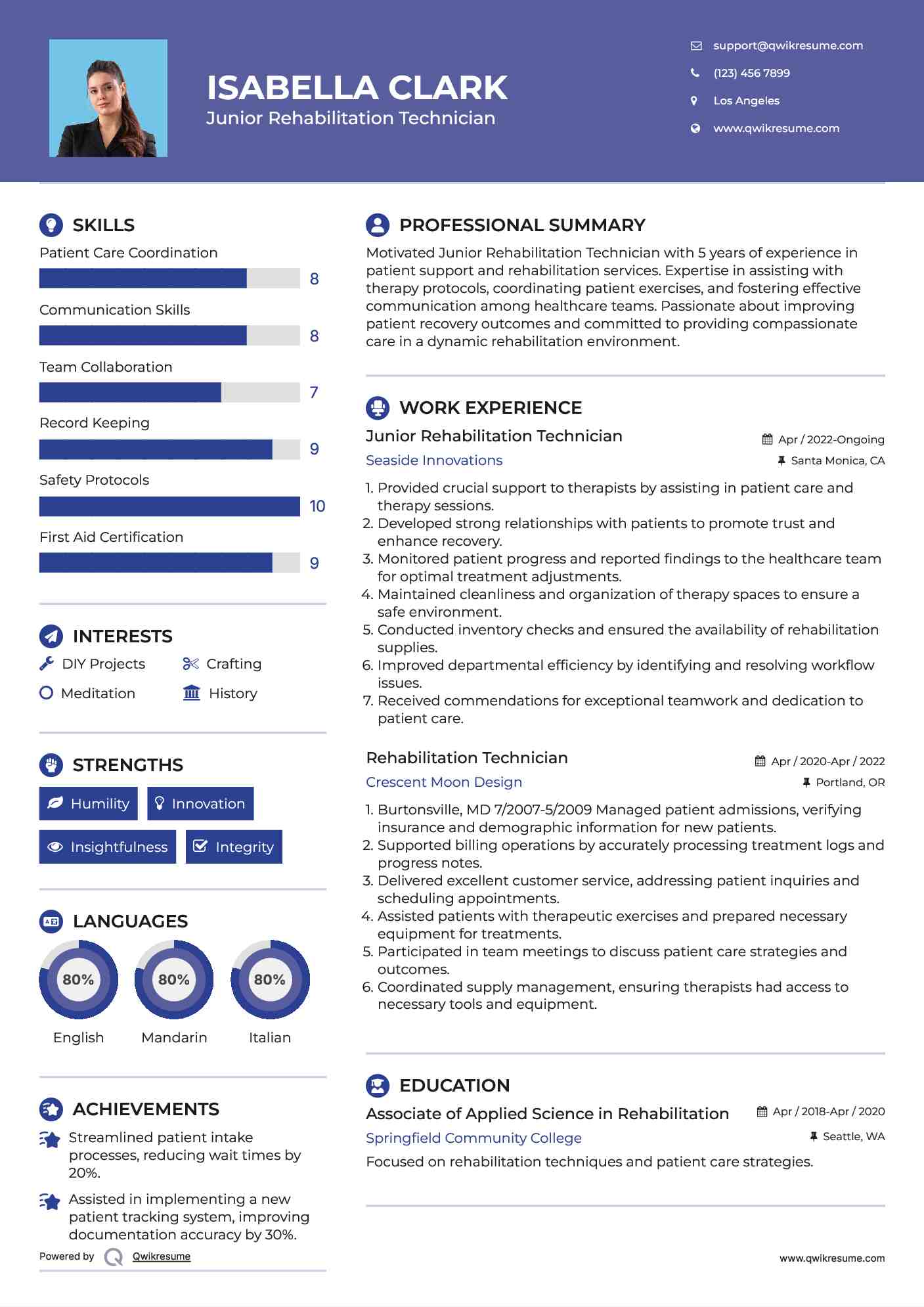 Junior Rehabilitation Technician Resume Example