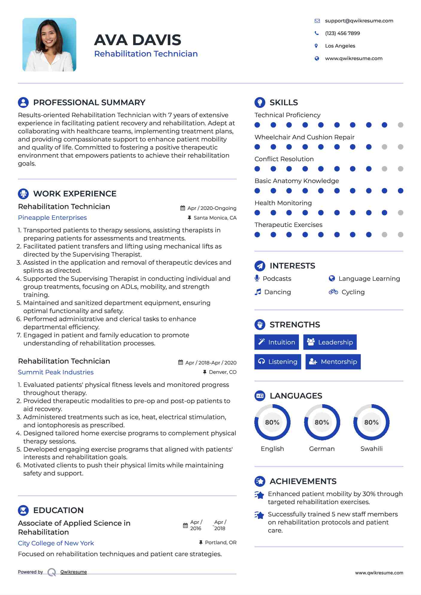 Rehabilitation Technician Resume Sample