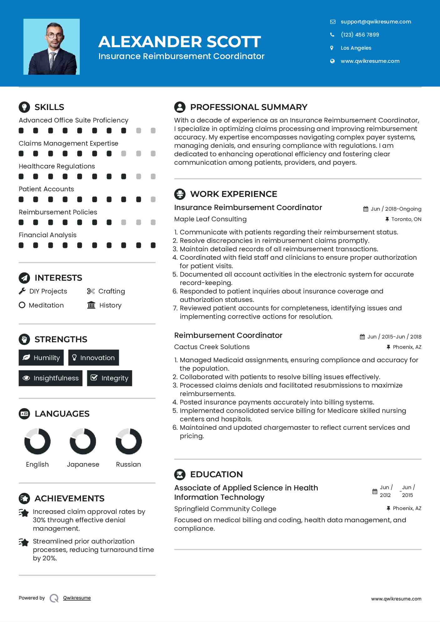 Insurance Reimbursement Coordinator Resume Model