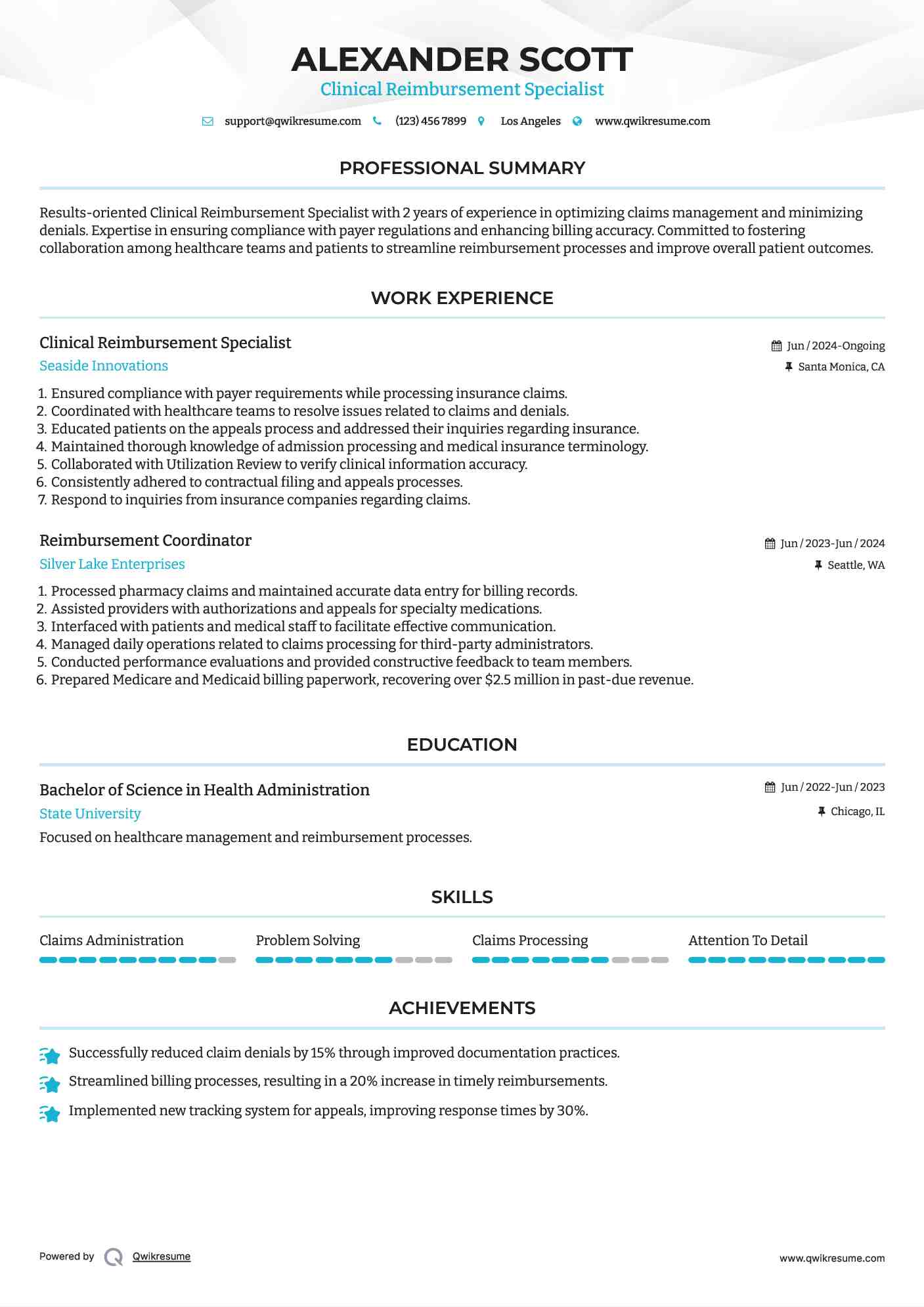 Clinical Reimbursement Specialist Resume Format