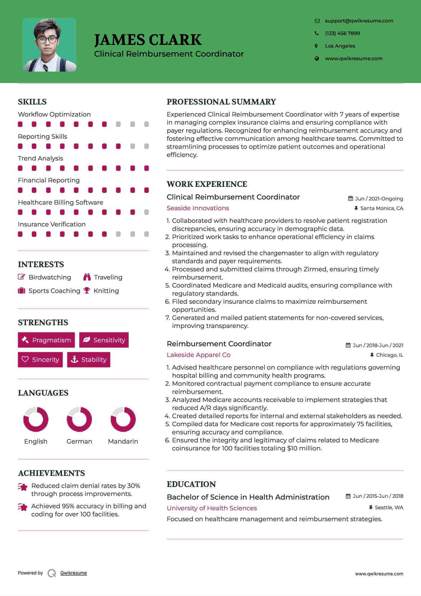 Clinical Reimbursement Coordinator Resume Model