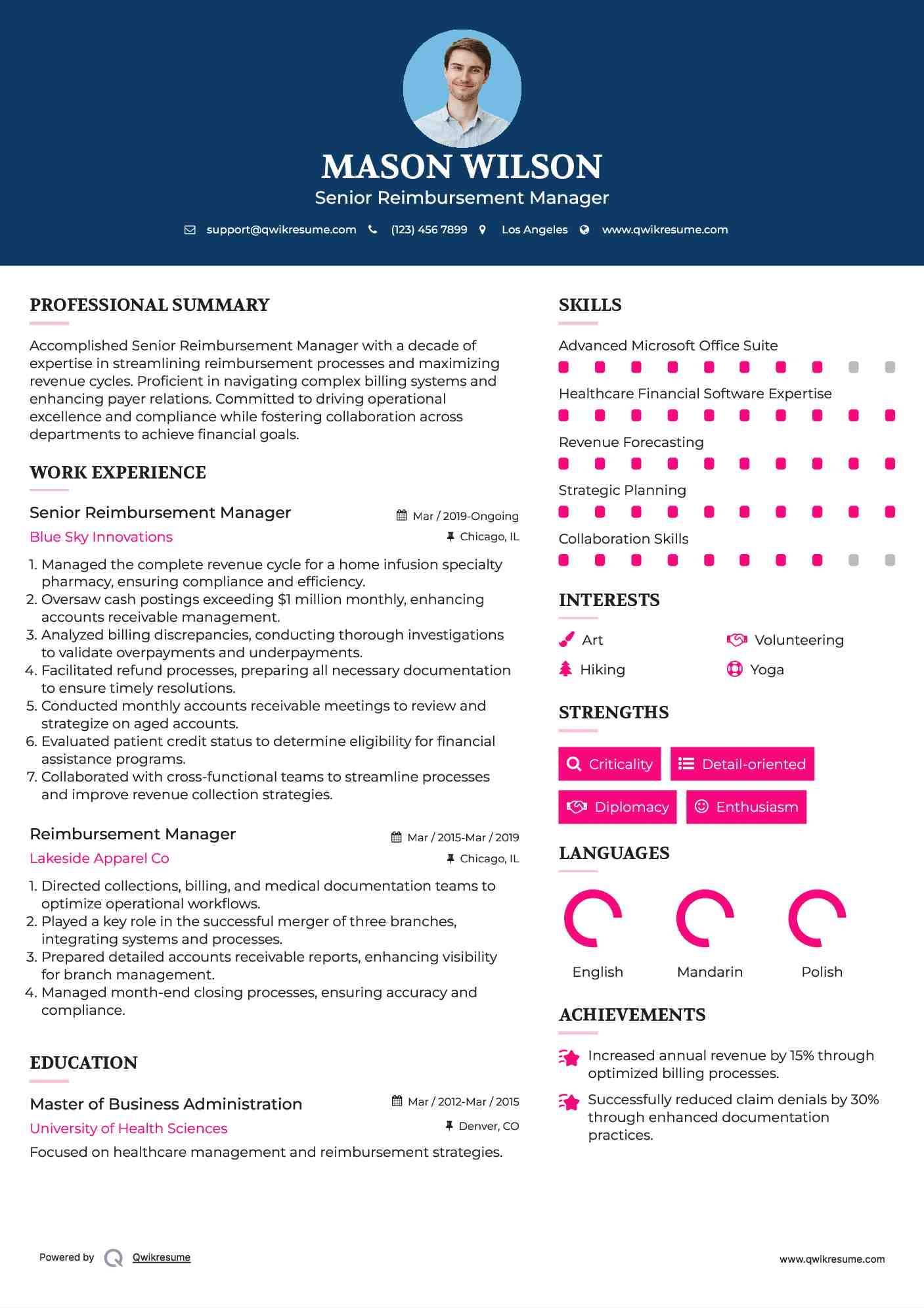 Senior Reimbursement Manager Resume Sample