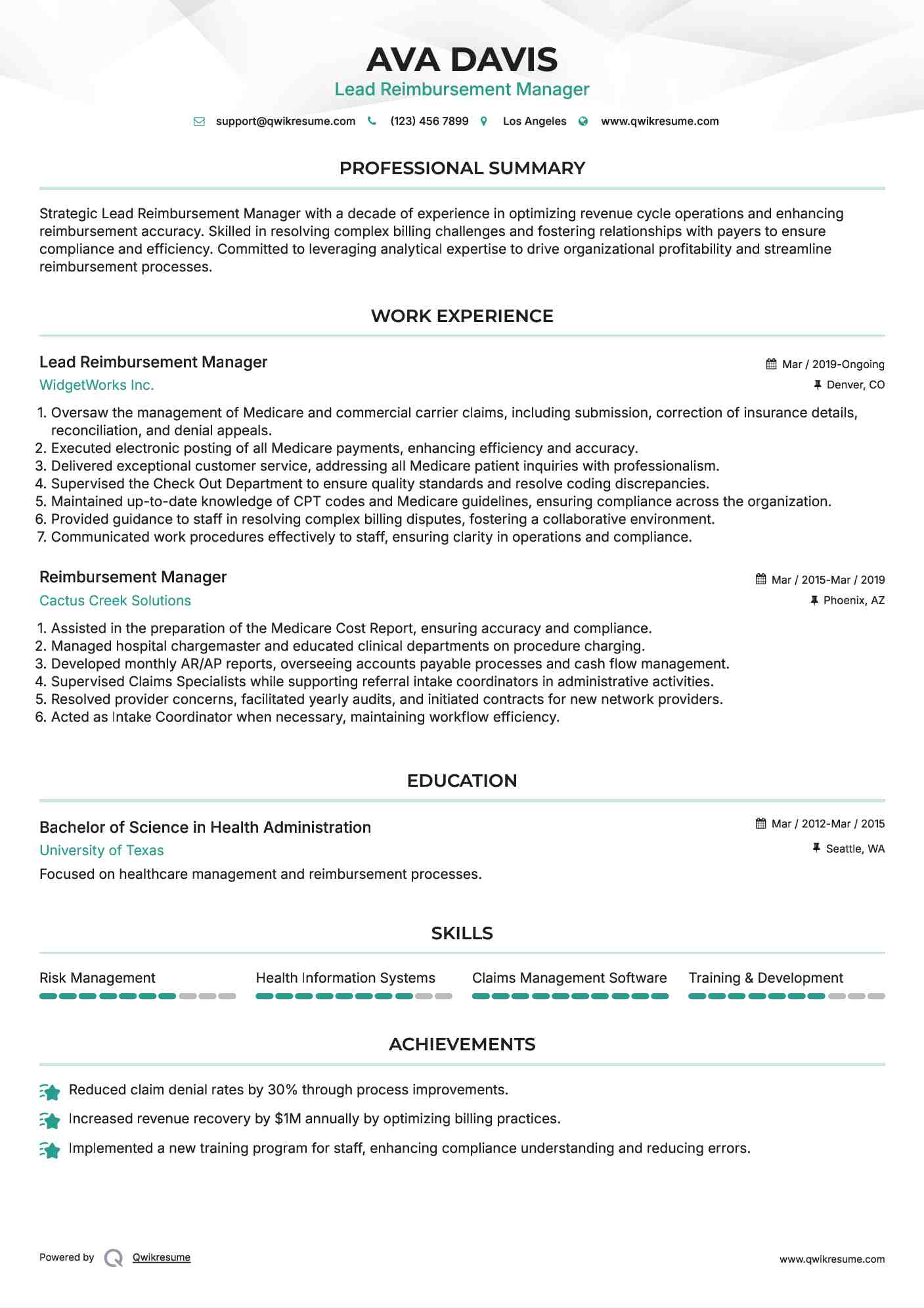 Lead Reimbursement Manager  Resume Model