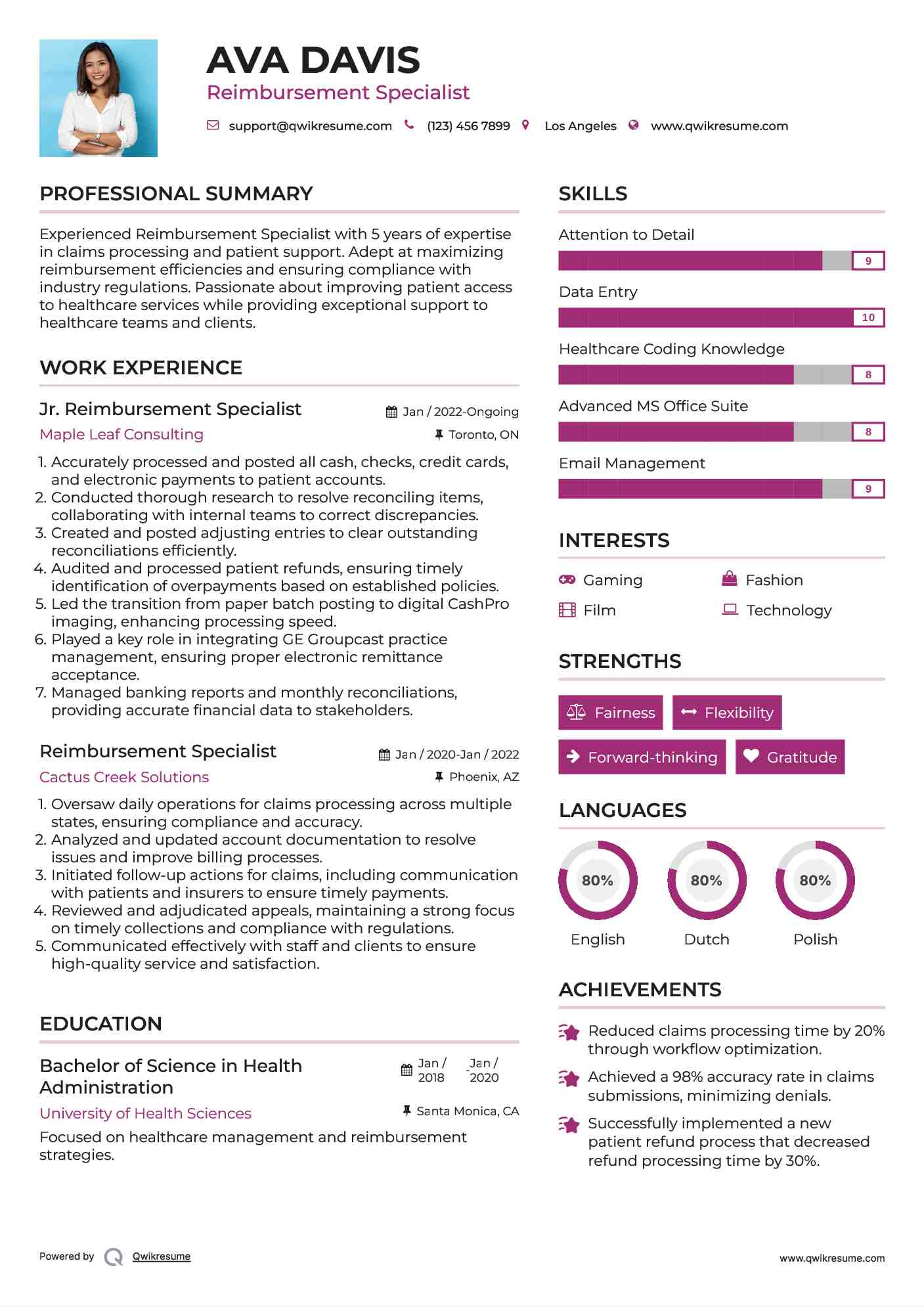 Jr. Reimbursement Specialist Resume Model