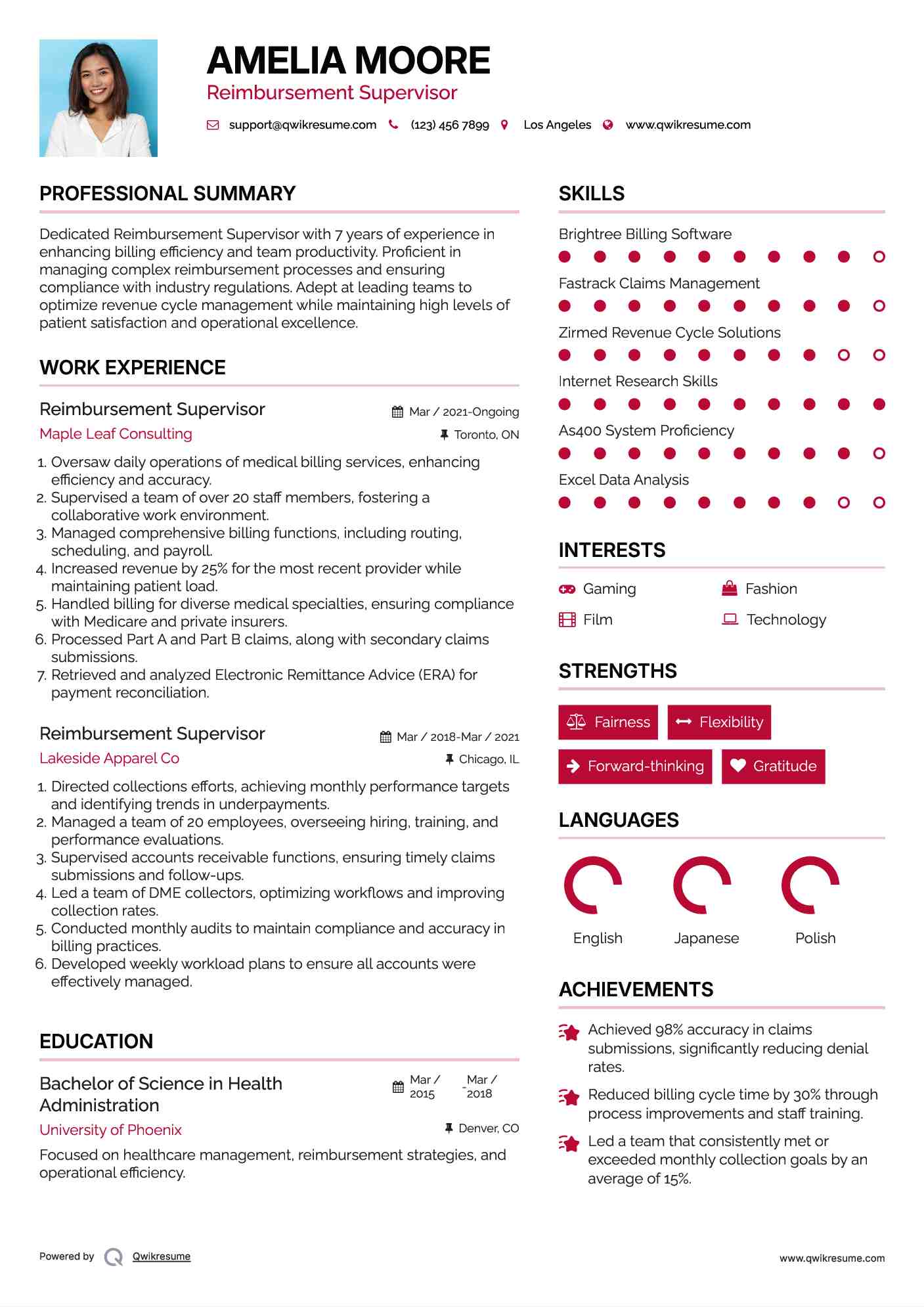 Reimbursement Supervisor Resume Format
