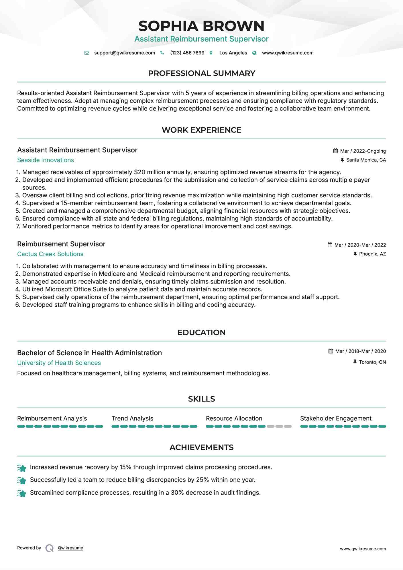 Assistant Reimbursement Supervisor Resume Template