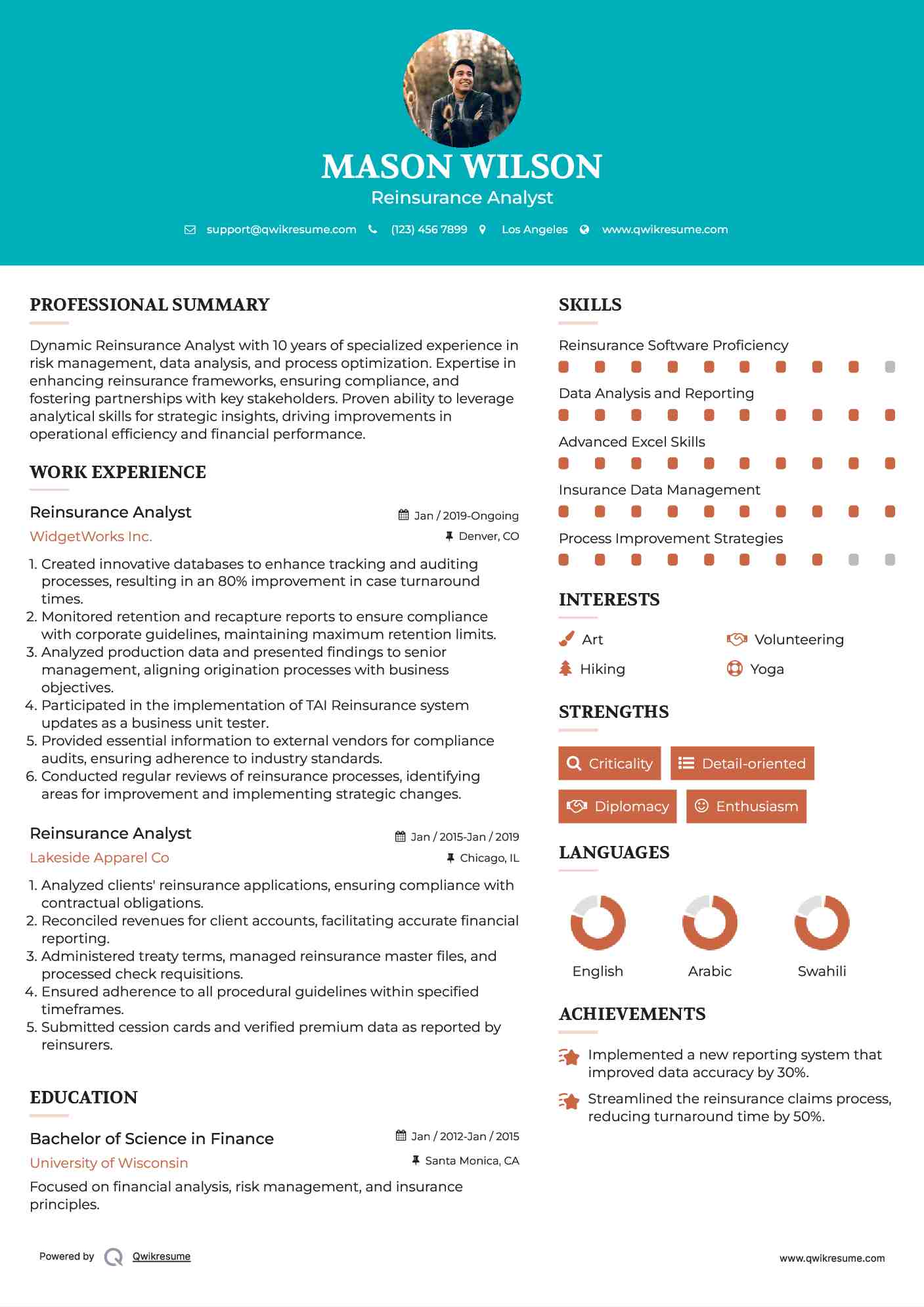 Reinsurance Analyst Resume Example