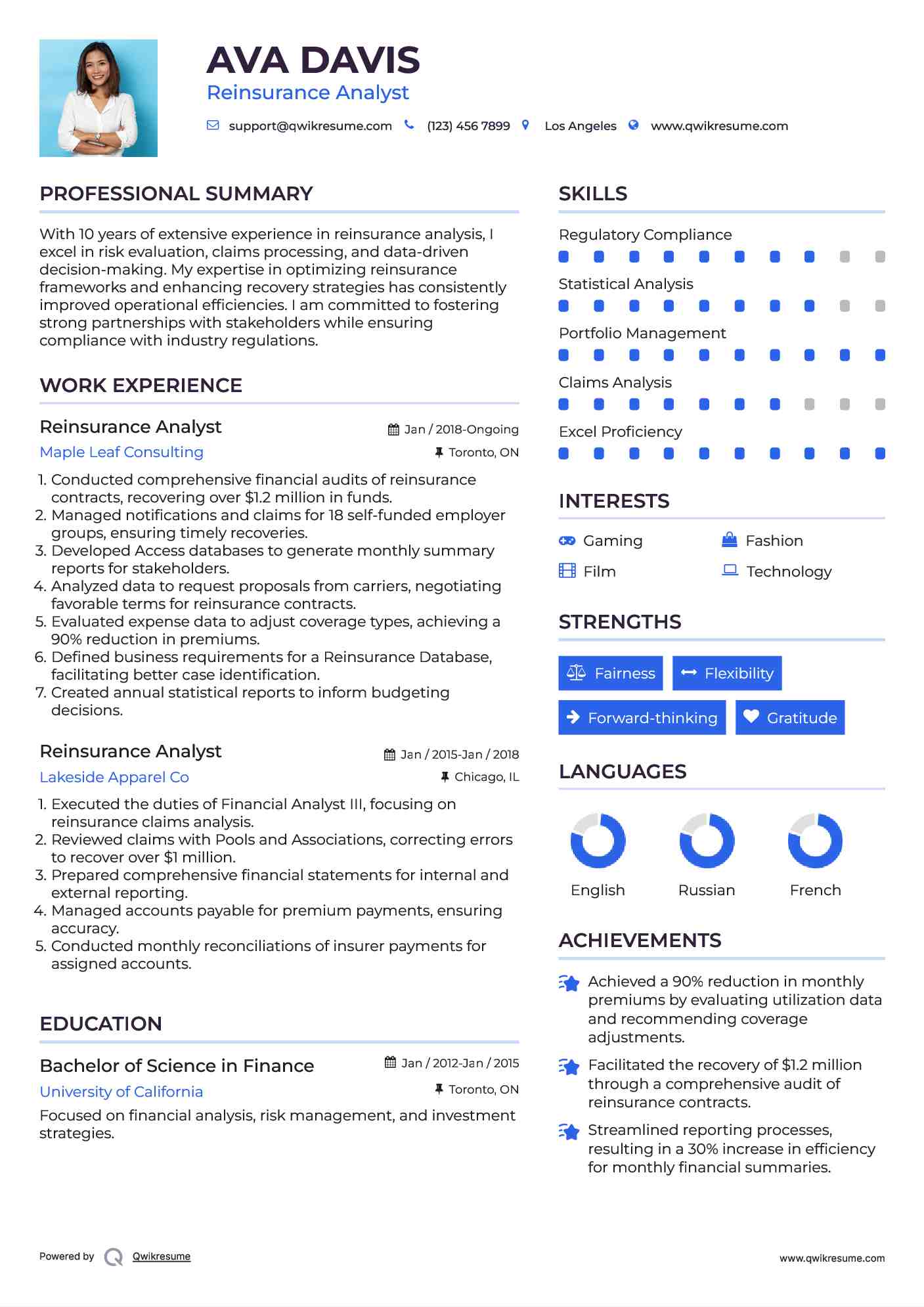 Reinsurance Analyst Resume Sample