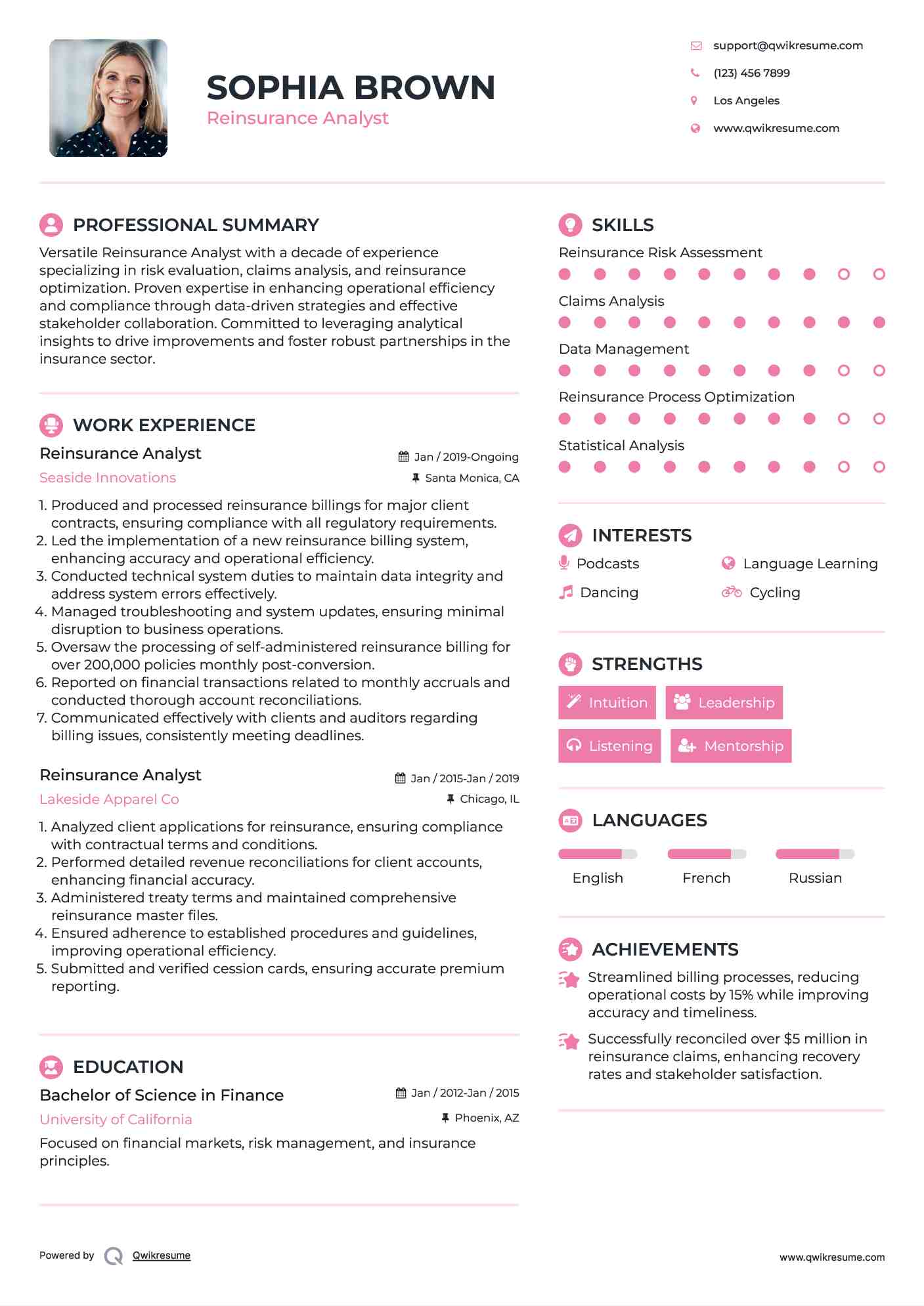 Reinsurance Analyst Resume Example