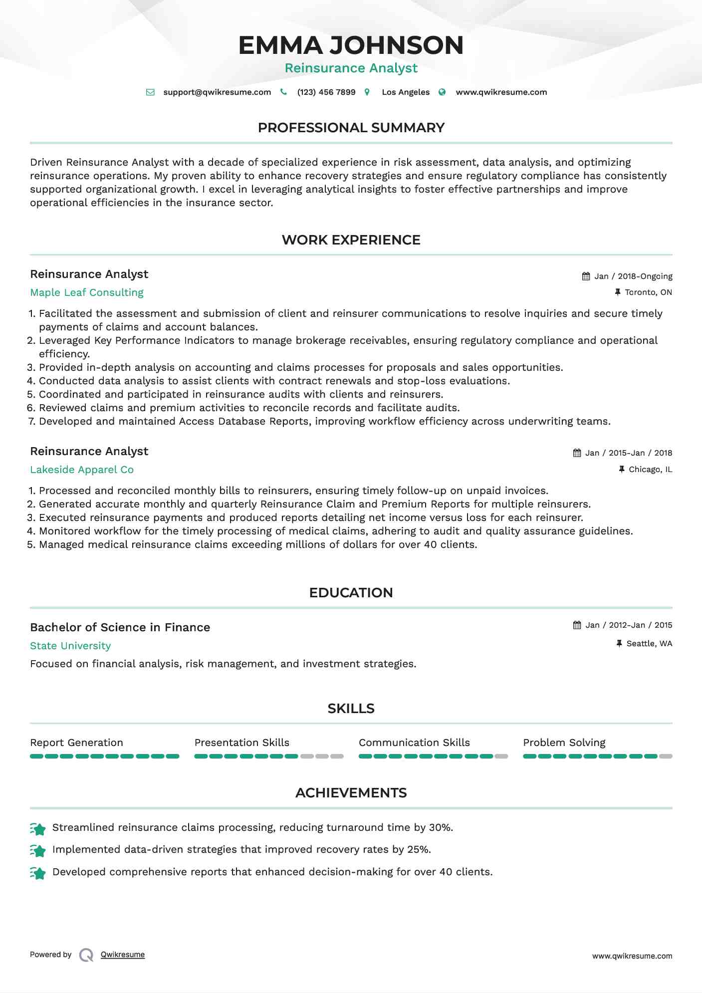Reinsurance Analyst Resume Model