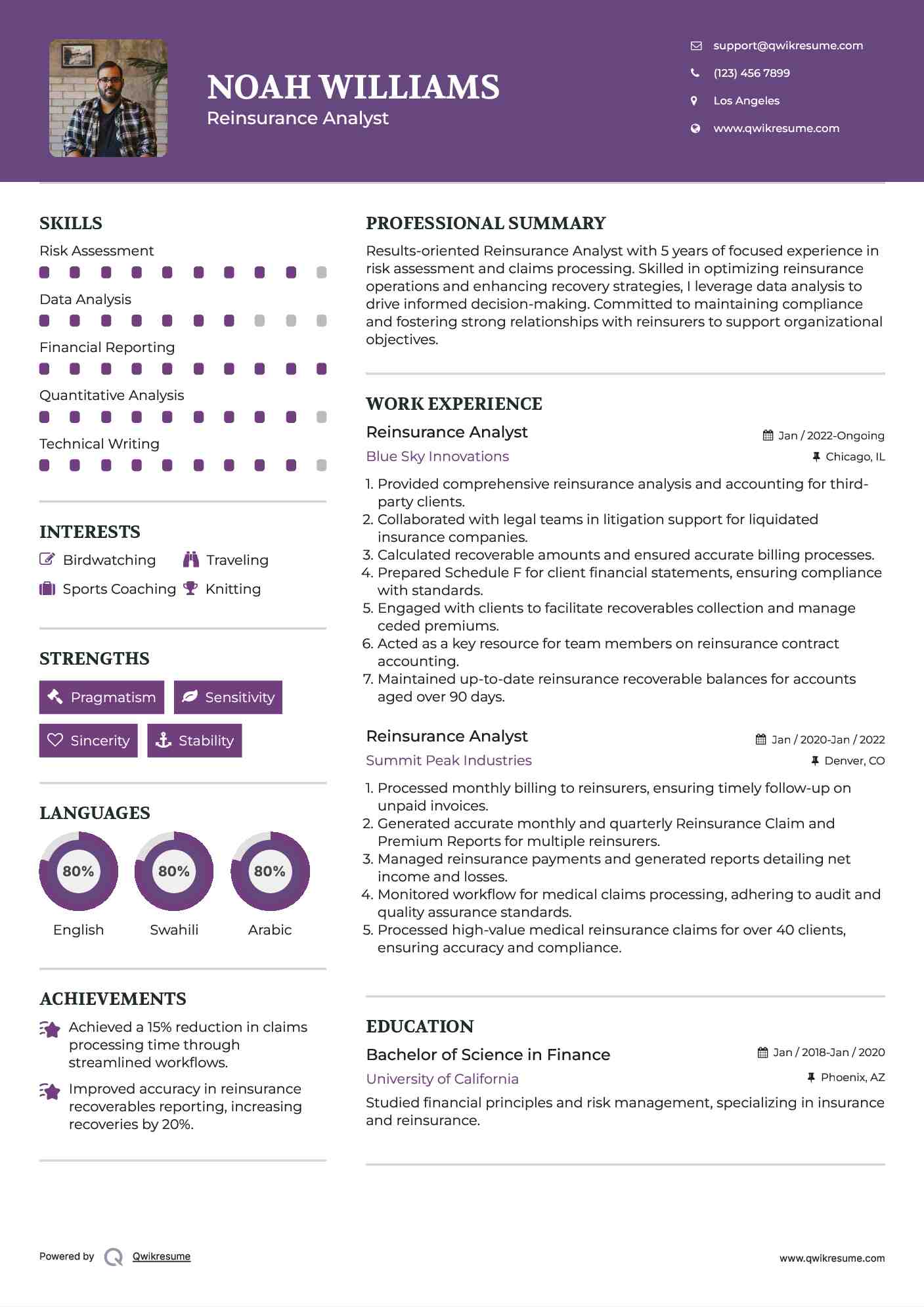 Reinsurance Analyst Resume Model