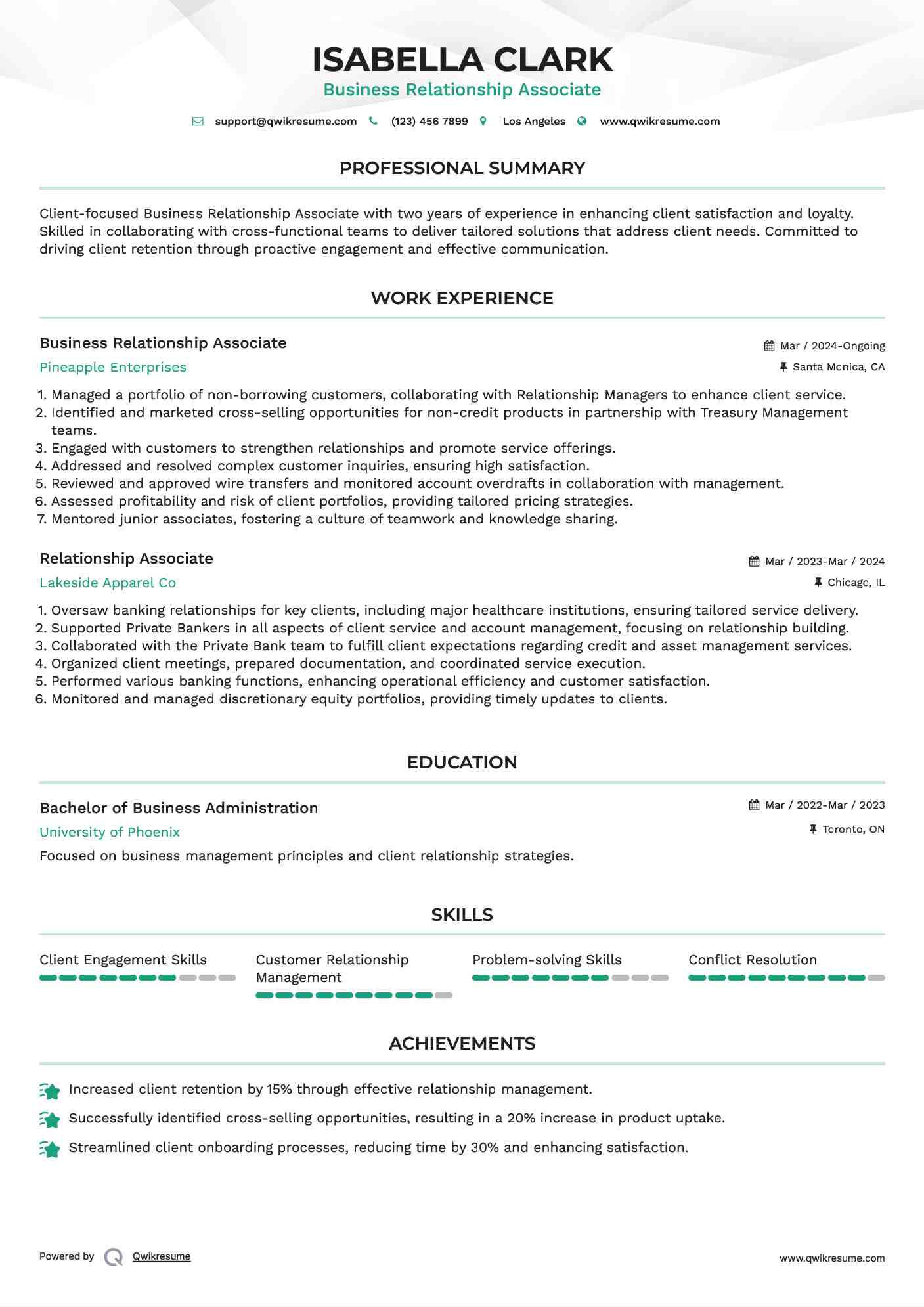 Business Relationship Associate Resume Model