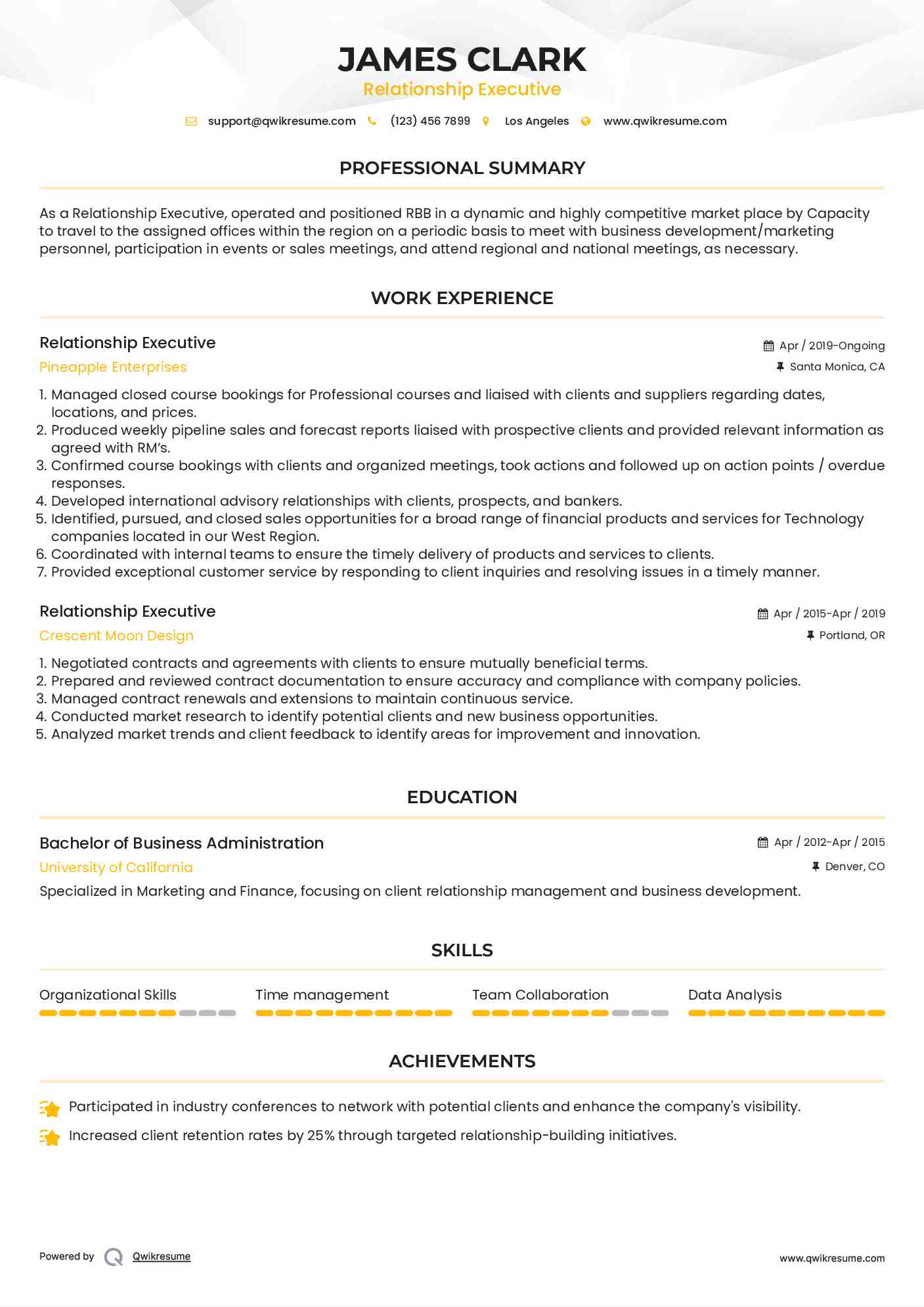 Relationship Executive Resume Sample