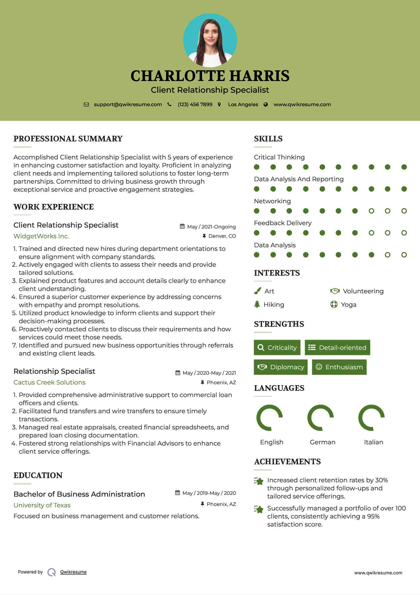 Client Relationship Specialist Resume Sample